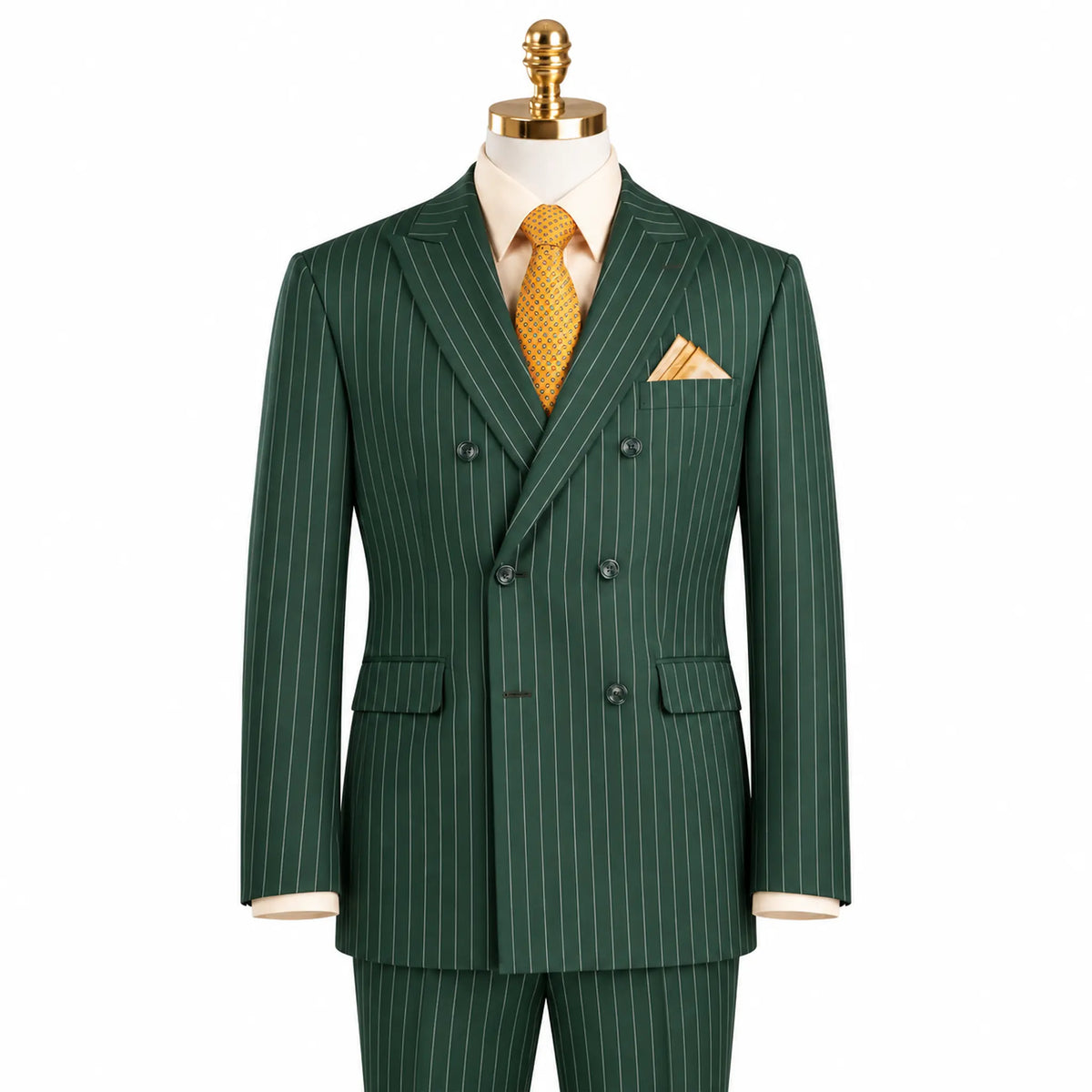 Hunter Green Pinstripe Regular Fit Double-Breasted Suit – Banker Collection - Upscale Men's Fashion