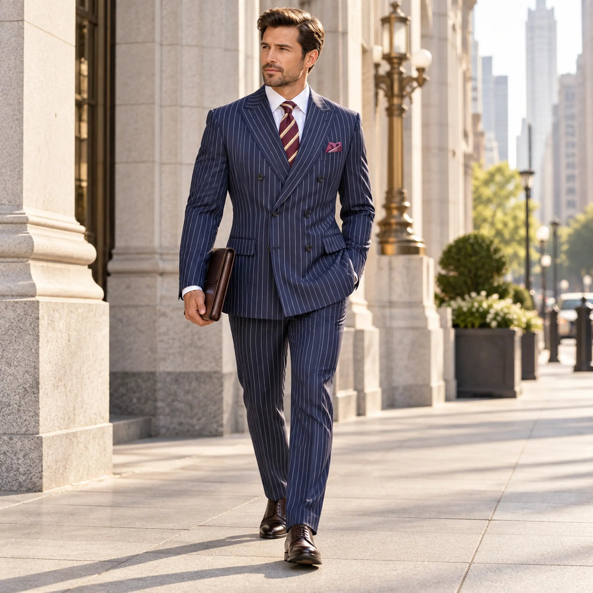 Navy Pinstripe Regular Fit Double-Breasted Suit – Banker Collection - Upscale Men's Fashion