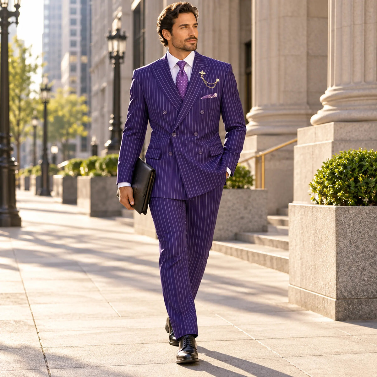 Purple Pinstripe Regular Fit Double-Breasted Suit – Banker Collection - Upscale Men's Fashion