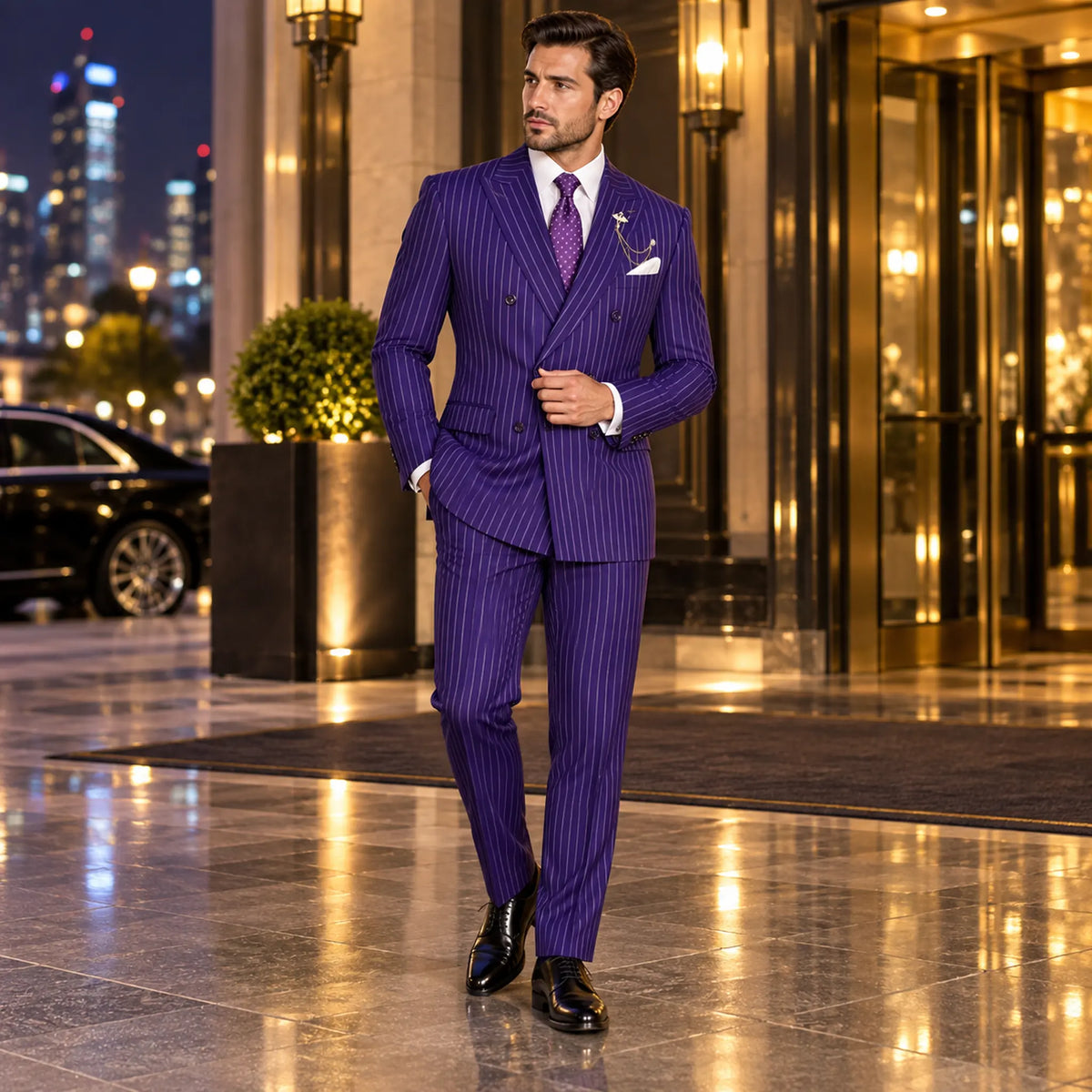 Purple Pinstripe Regular Fit Double-Breasted Suit – Banker Collection - Upscale Men's Fashion