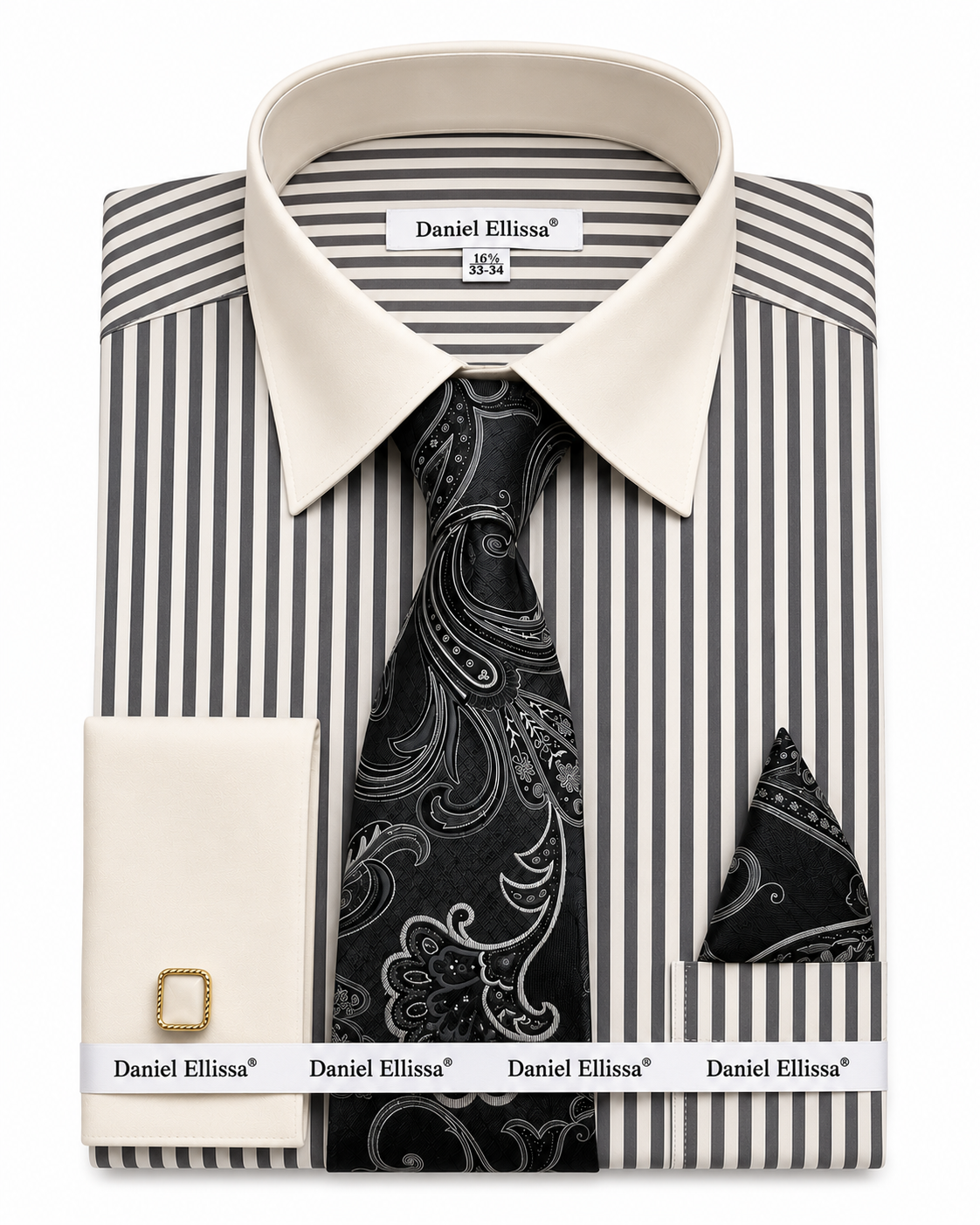 Striped shirt with a black paisley tie and pocket square, featuring Daniel Ellissa branding.