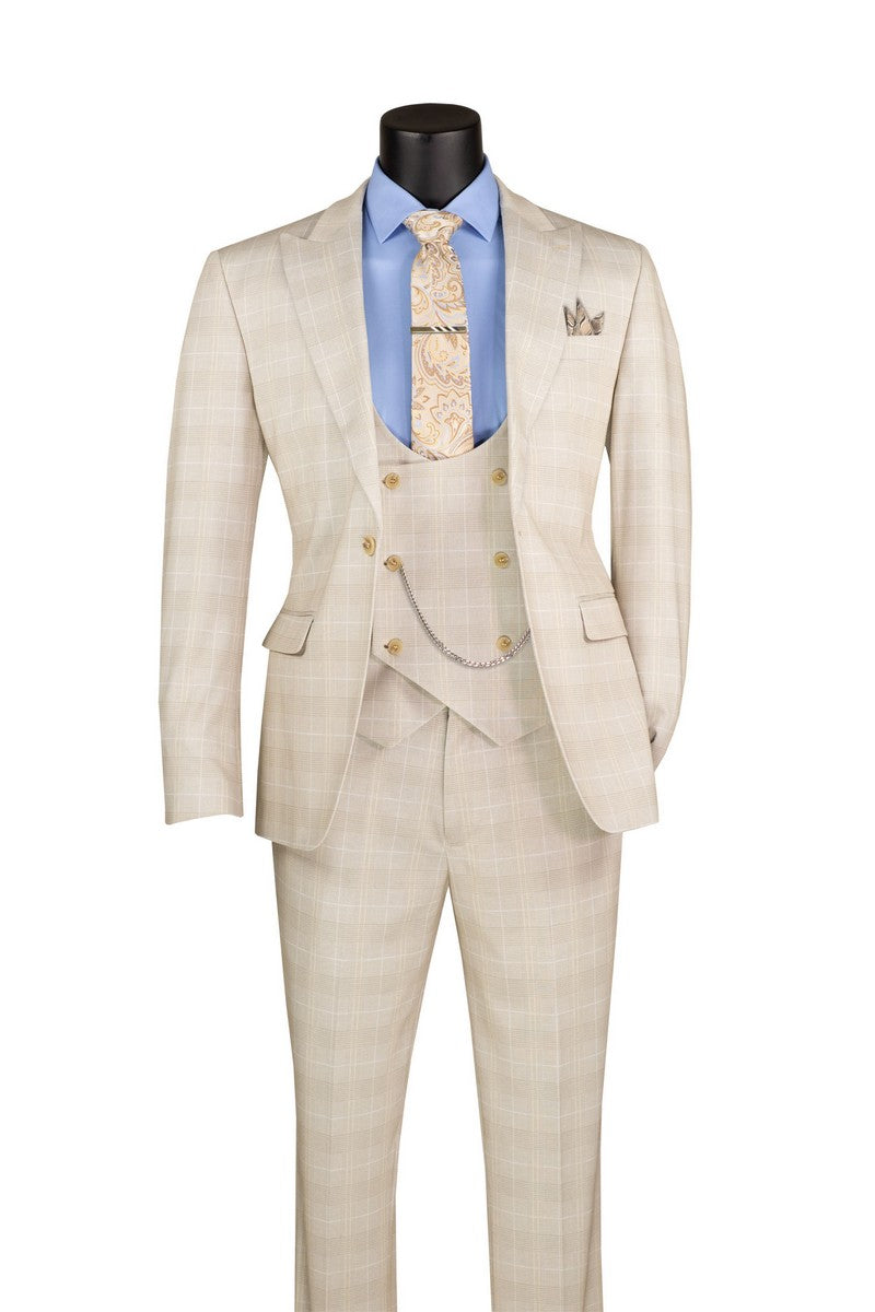 Beige Glen Plaid Slim Fit 3 Piece Suit for Men – Peak Lapel Stretch Suit – Savoy Collection