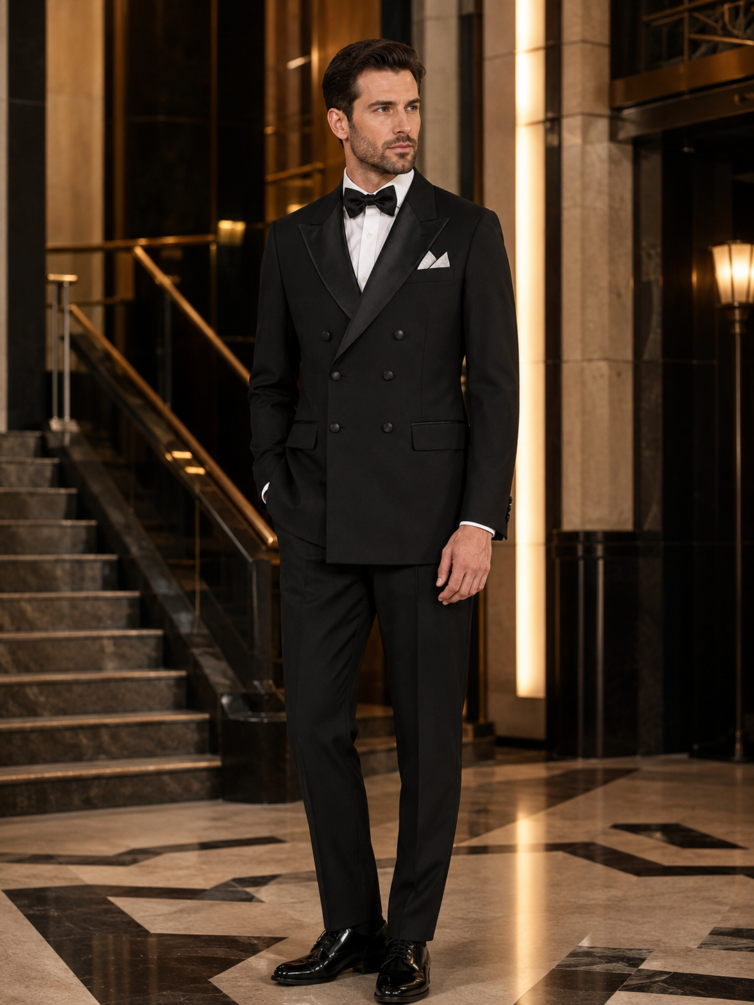 Black modern fit double-breasted tuxedo at an evening event