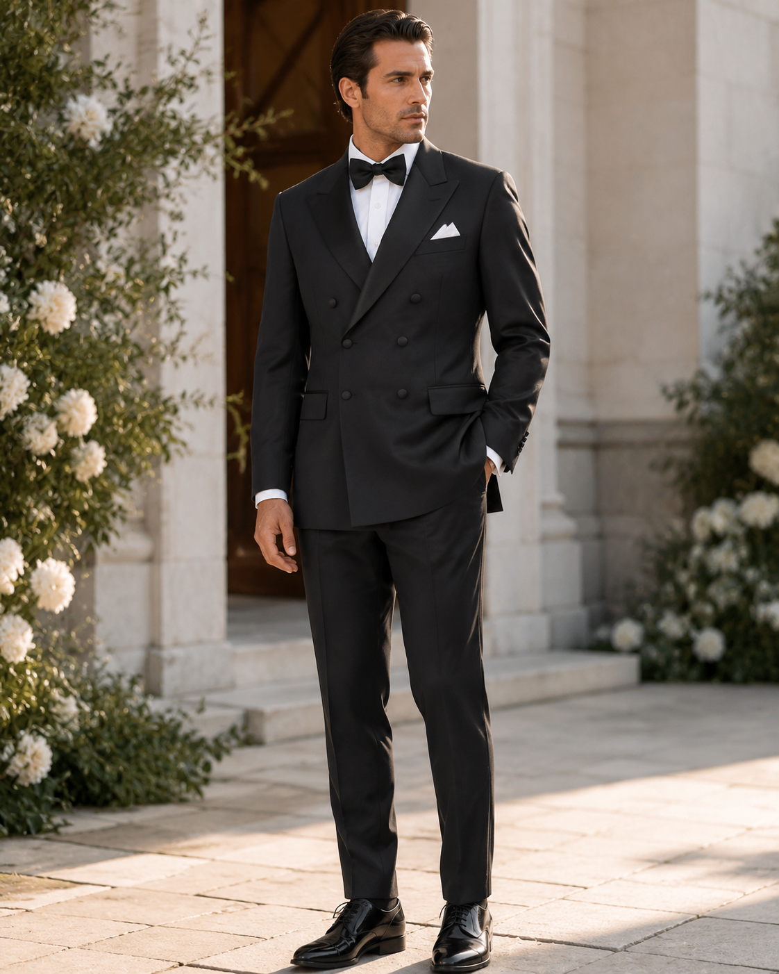 Black modern fit double-breasted tuxedo styled for a wedding