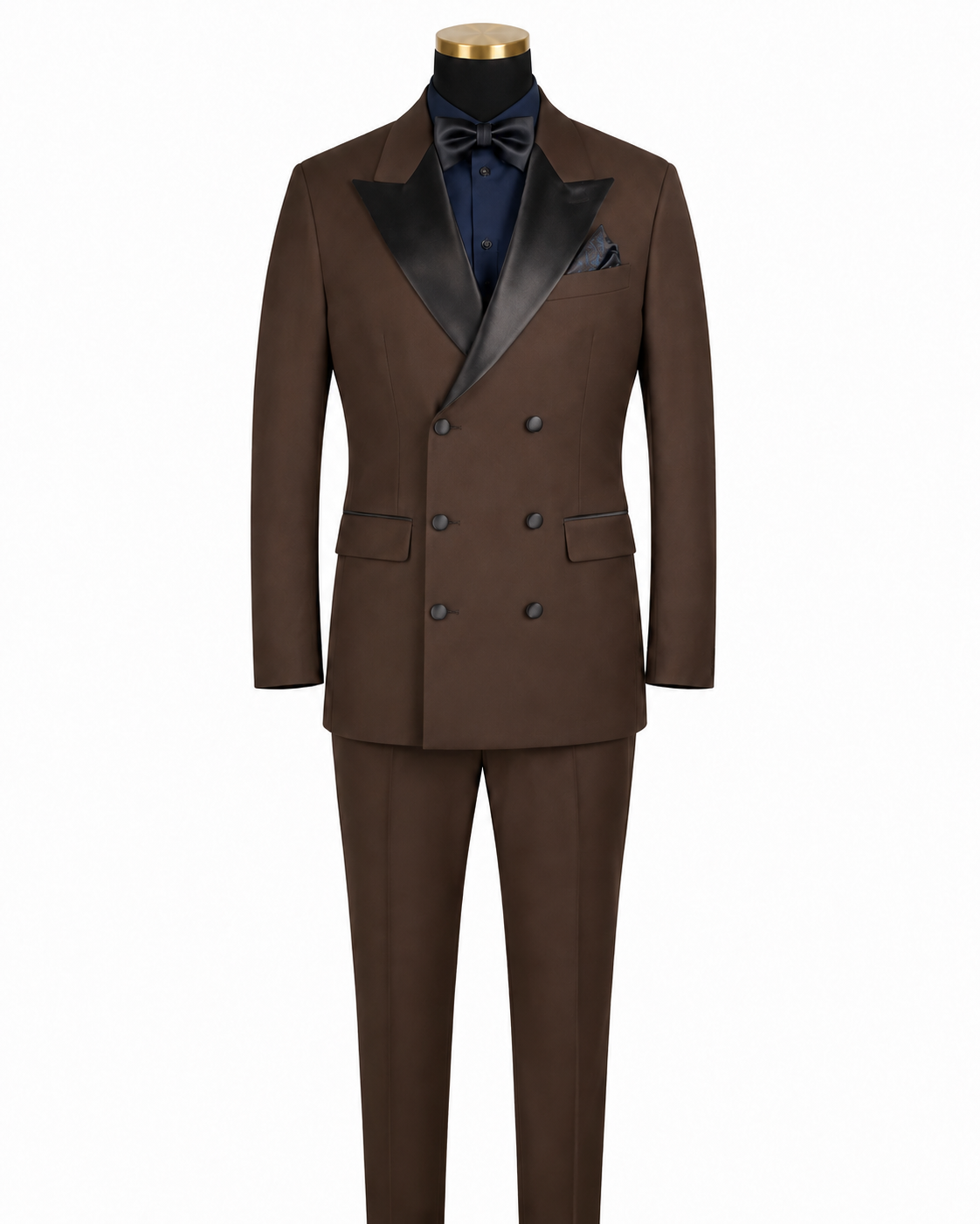 Brown modern fit double-breasted tuxedo, front studio view