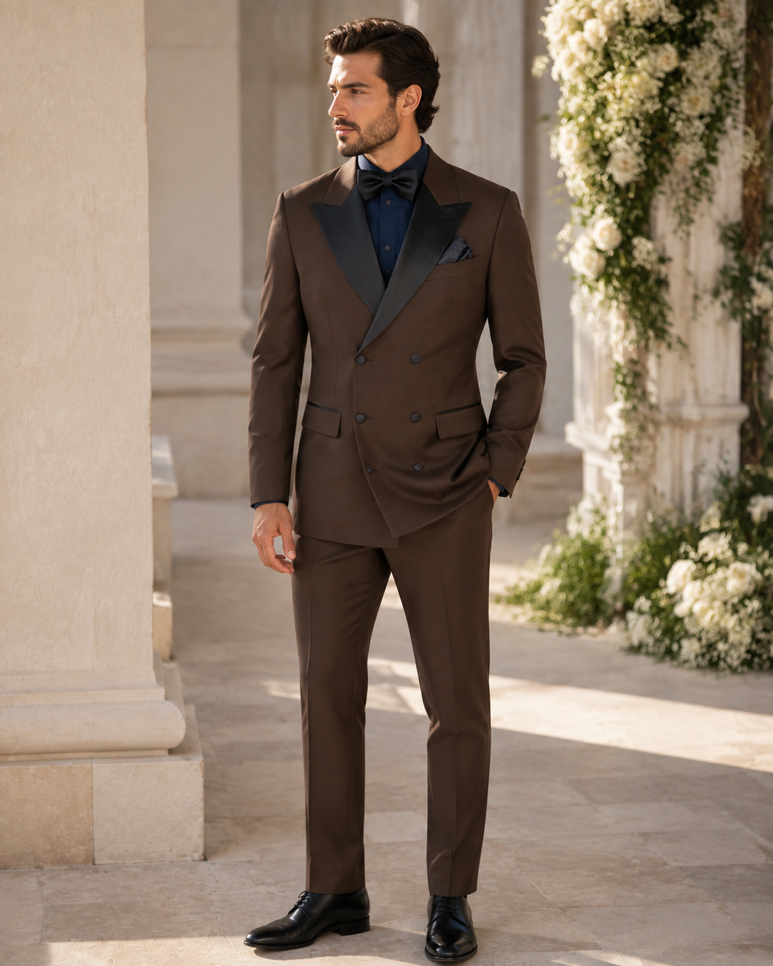 Brown modern fit double-breasted tuxedo styled for a wedding