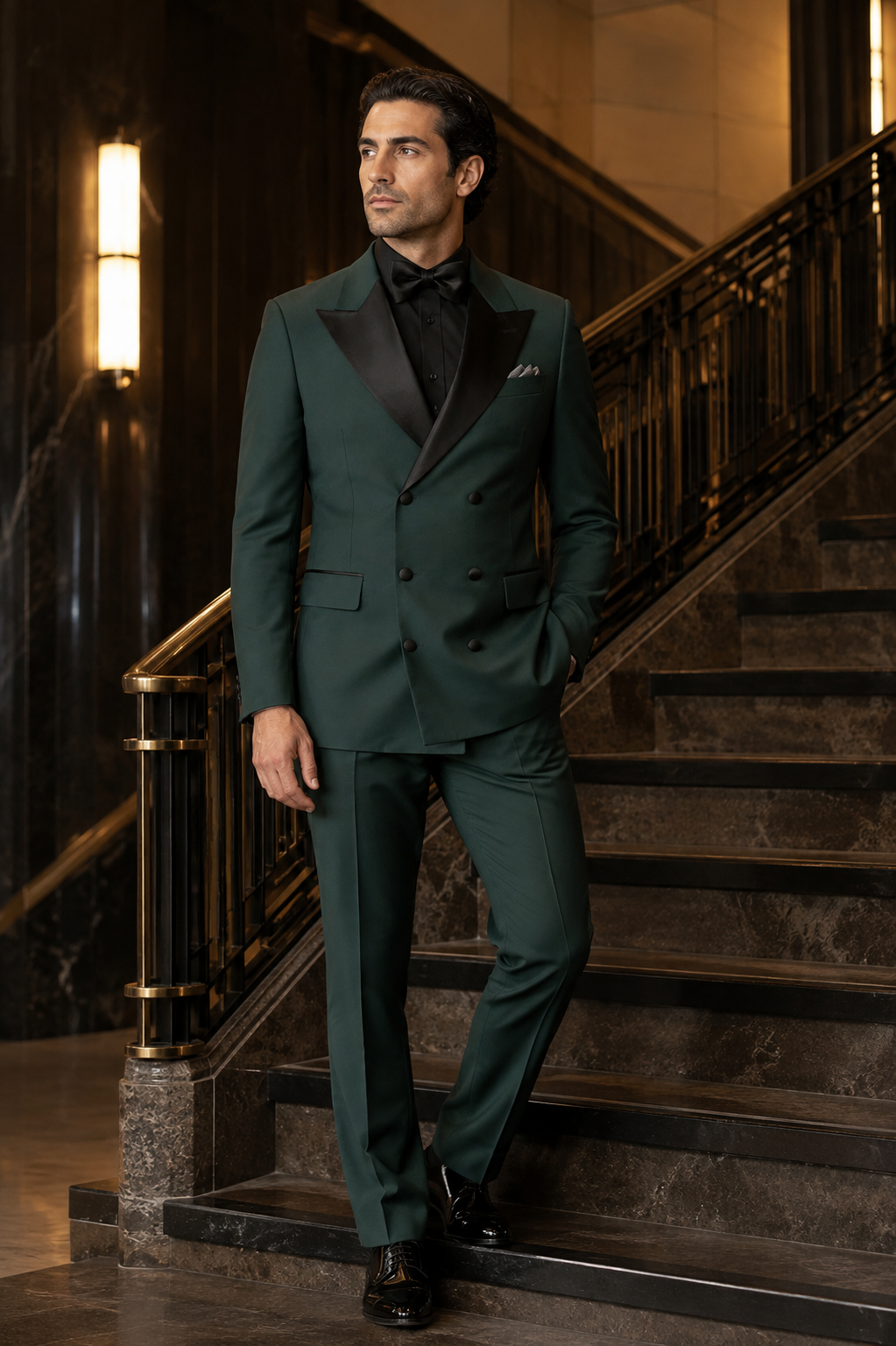 Hunter green modern fit double-breasted tuxedo at an evening event