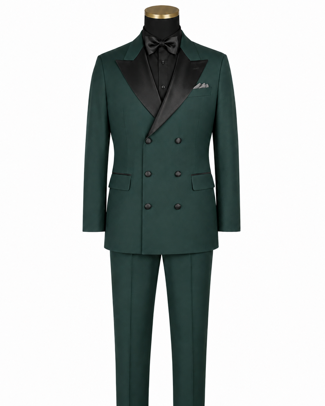 Hunter green modern fit double-breasted tuxedo, front studio view
