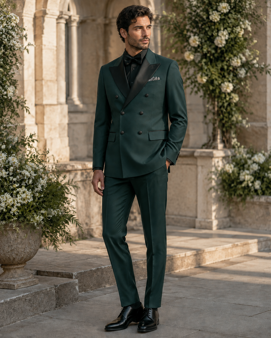 Hunter green modern fit double-breasted tuxedo styled for a wedding