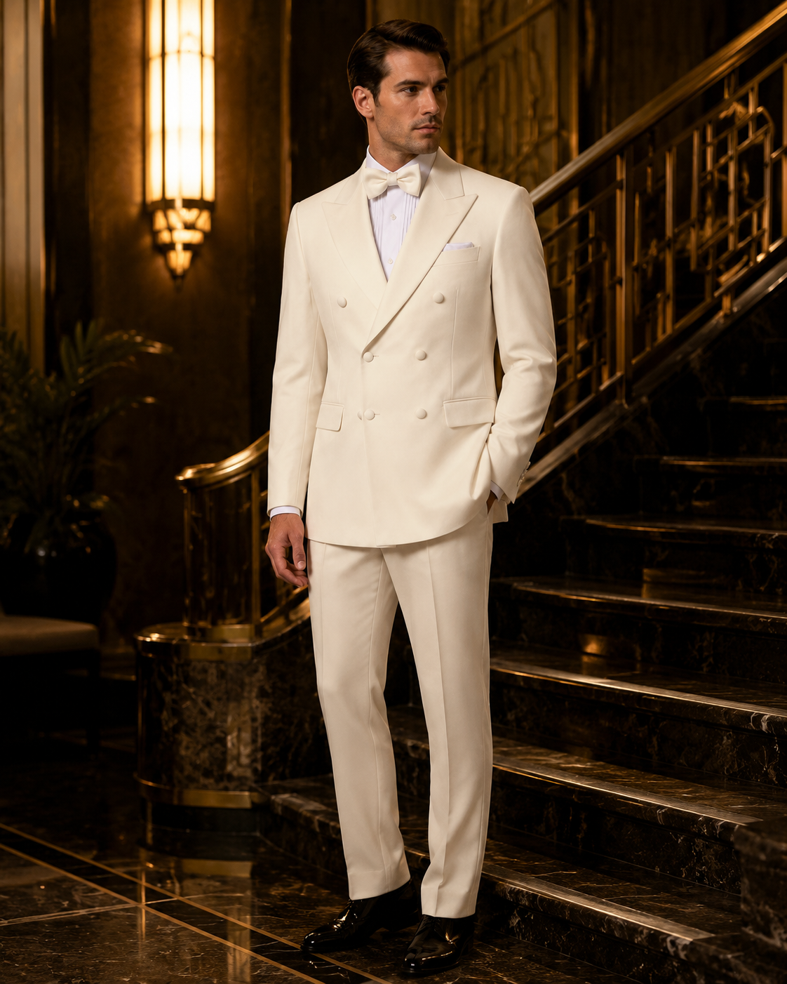 Ivory modern fit double-breasted tuxedo at an evening event