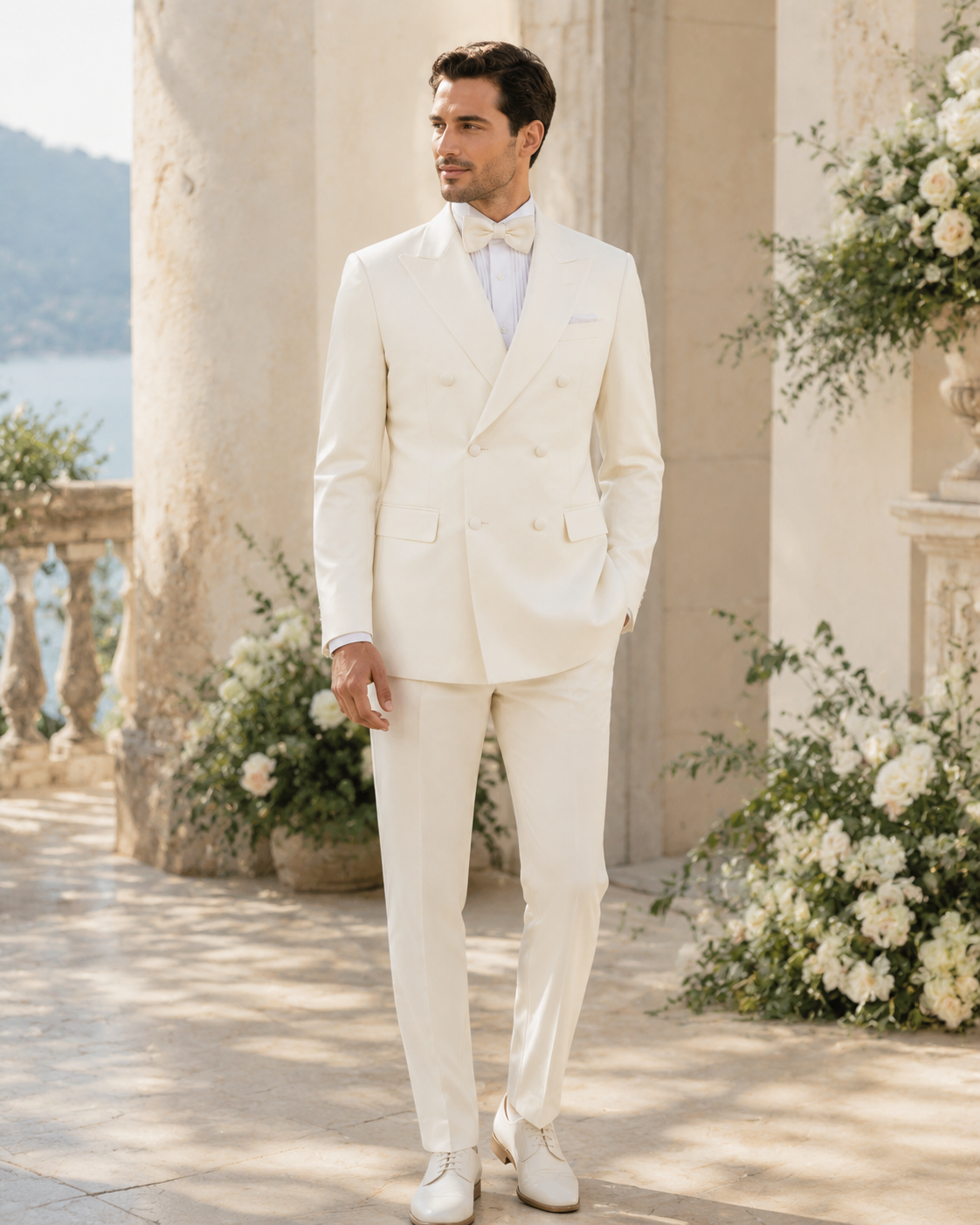 Ivory modern fit double-breasted tuxedo styled for a wedding