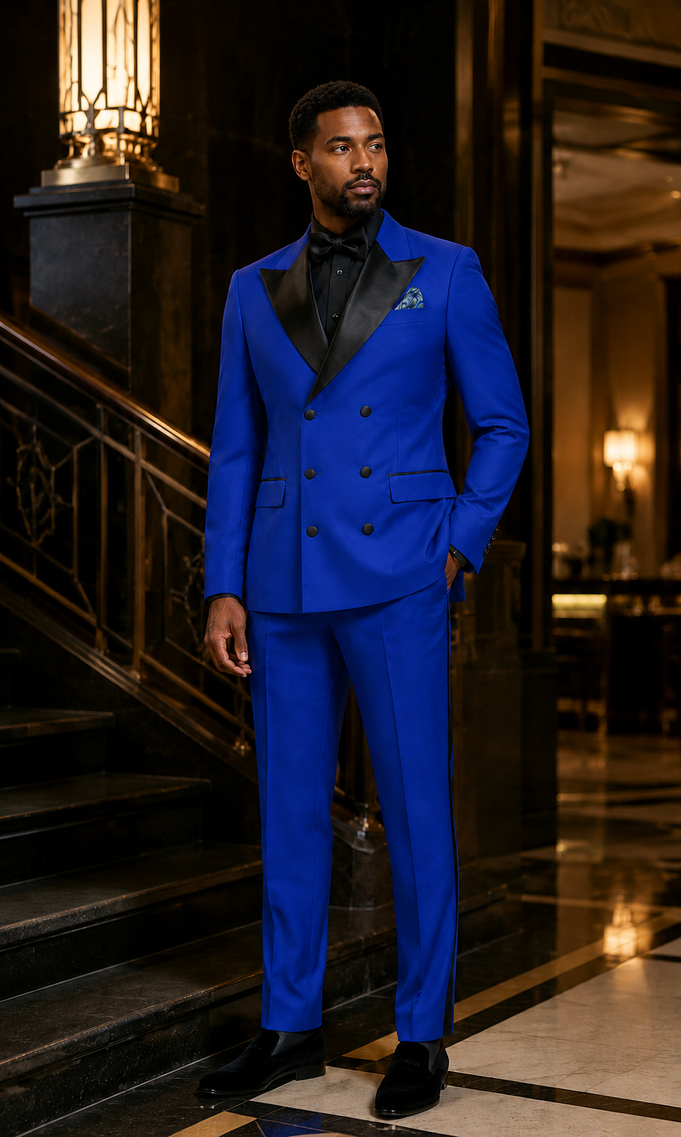 Royal blue modern fit double-breasted tuxedo at an evening event