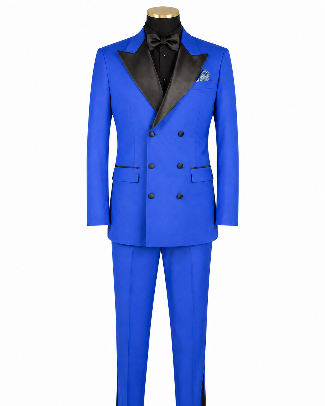 Royal blue modern fit double-breasted tuxedo, front studio view
