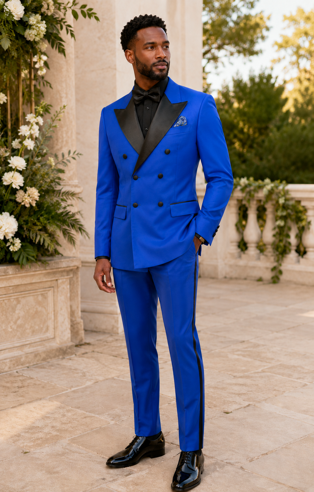 Royal blue modern fit double-breasted tuxedo styled for a wedding