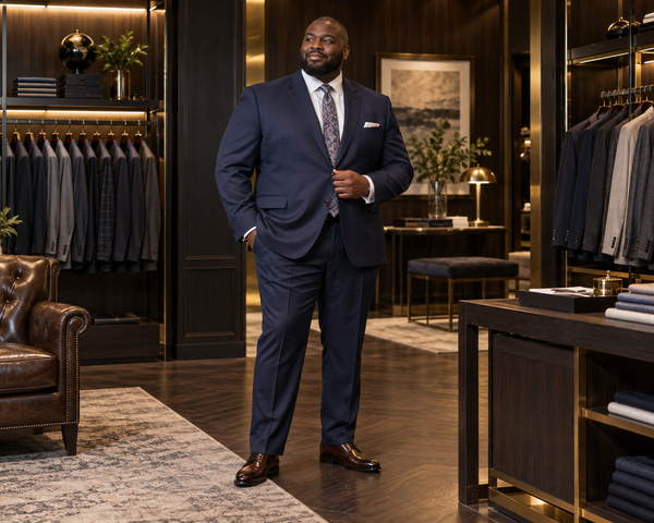 Big and tall man wearing a navy suit in an upscale menswear boutique