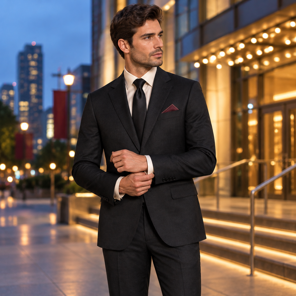 Man wearing a black modern fit 100% wool two-piece suit outside a formal venue at blue hour