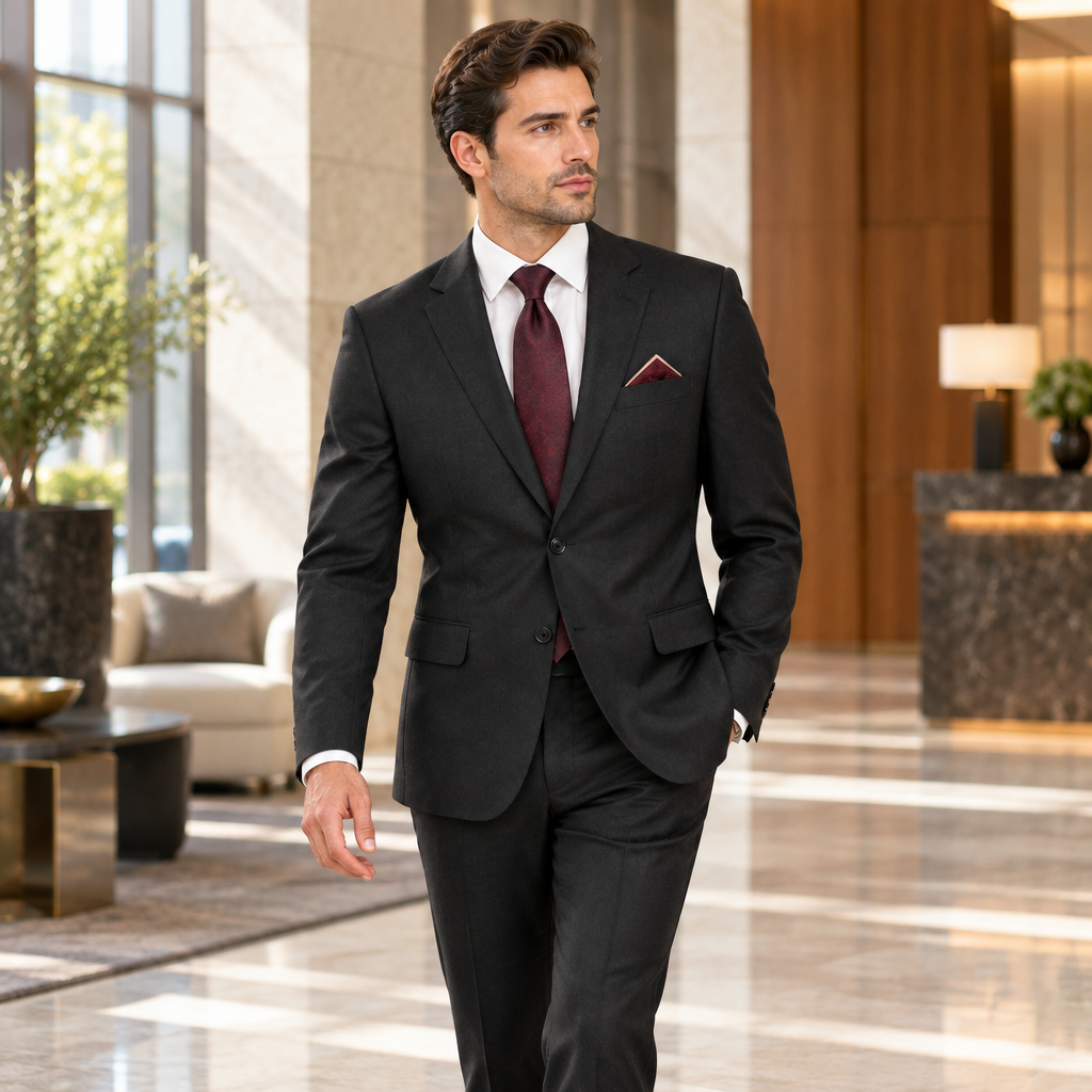 Man wearing a black modern fit 100% wool two-piece suit in an elegant hotel lobby