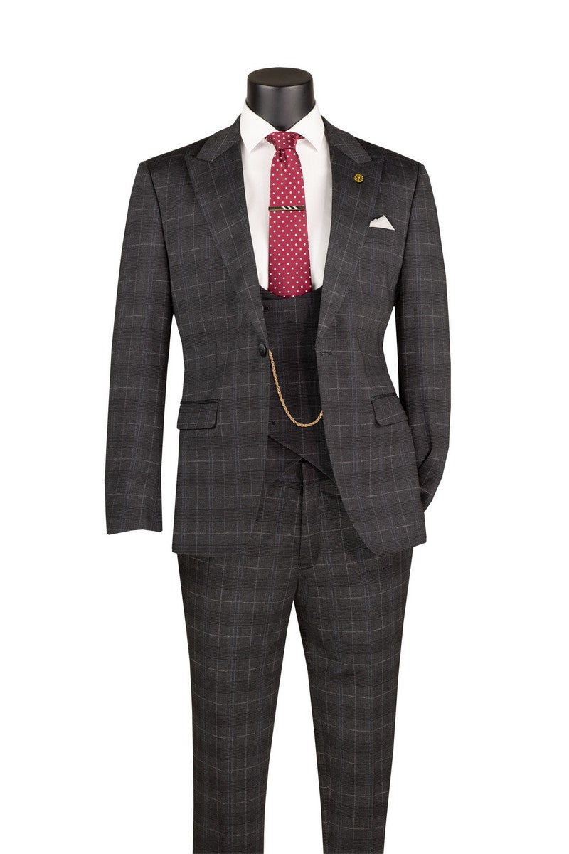 Black Glen Plaid Slim Fit 3 Piece Suit for Men – Peak Lapel Stretch Suit – Savoy Collection