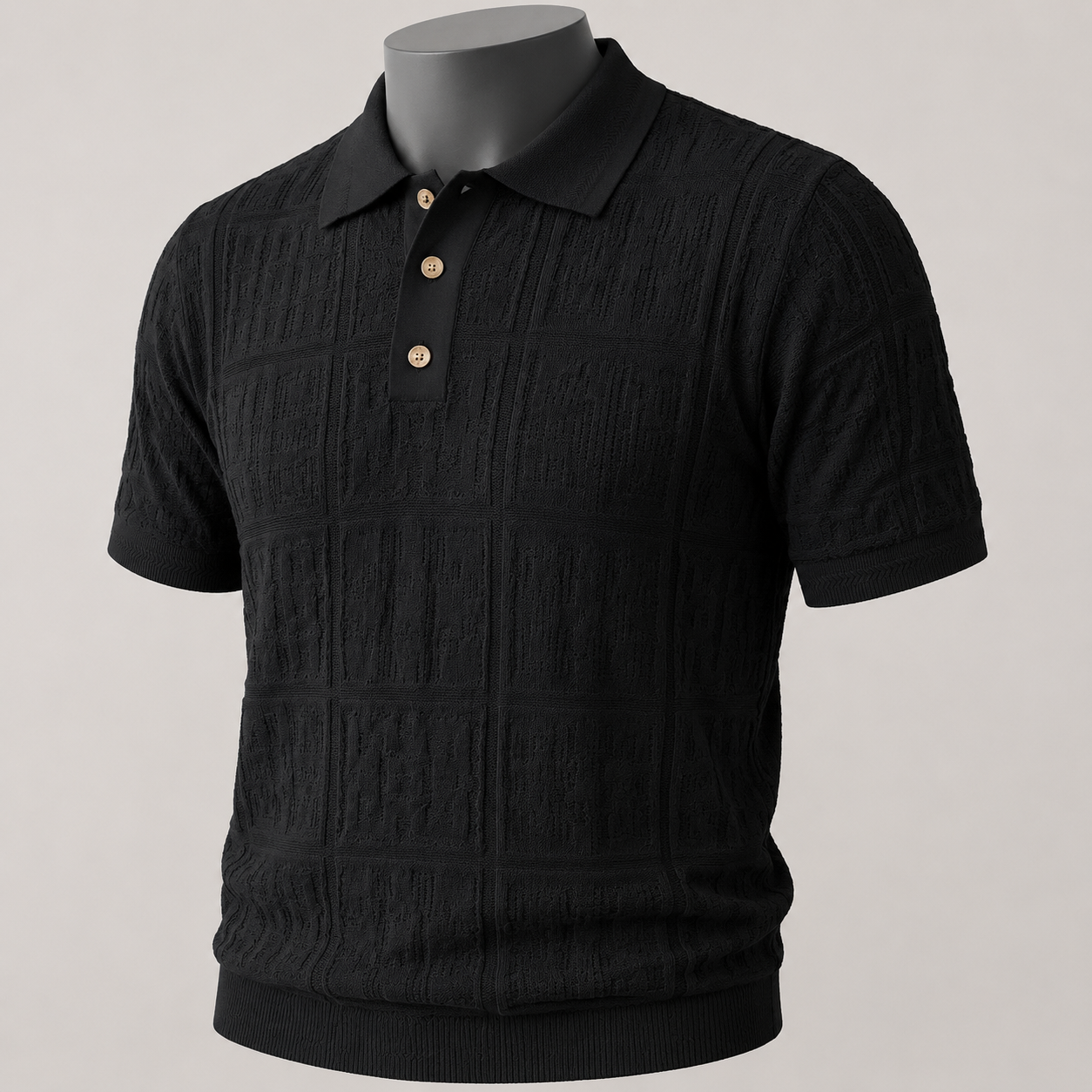 Black geometric knit polo collar and texture detail