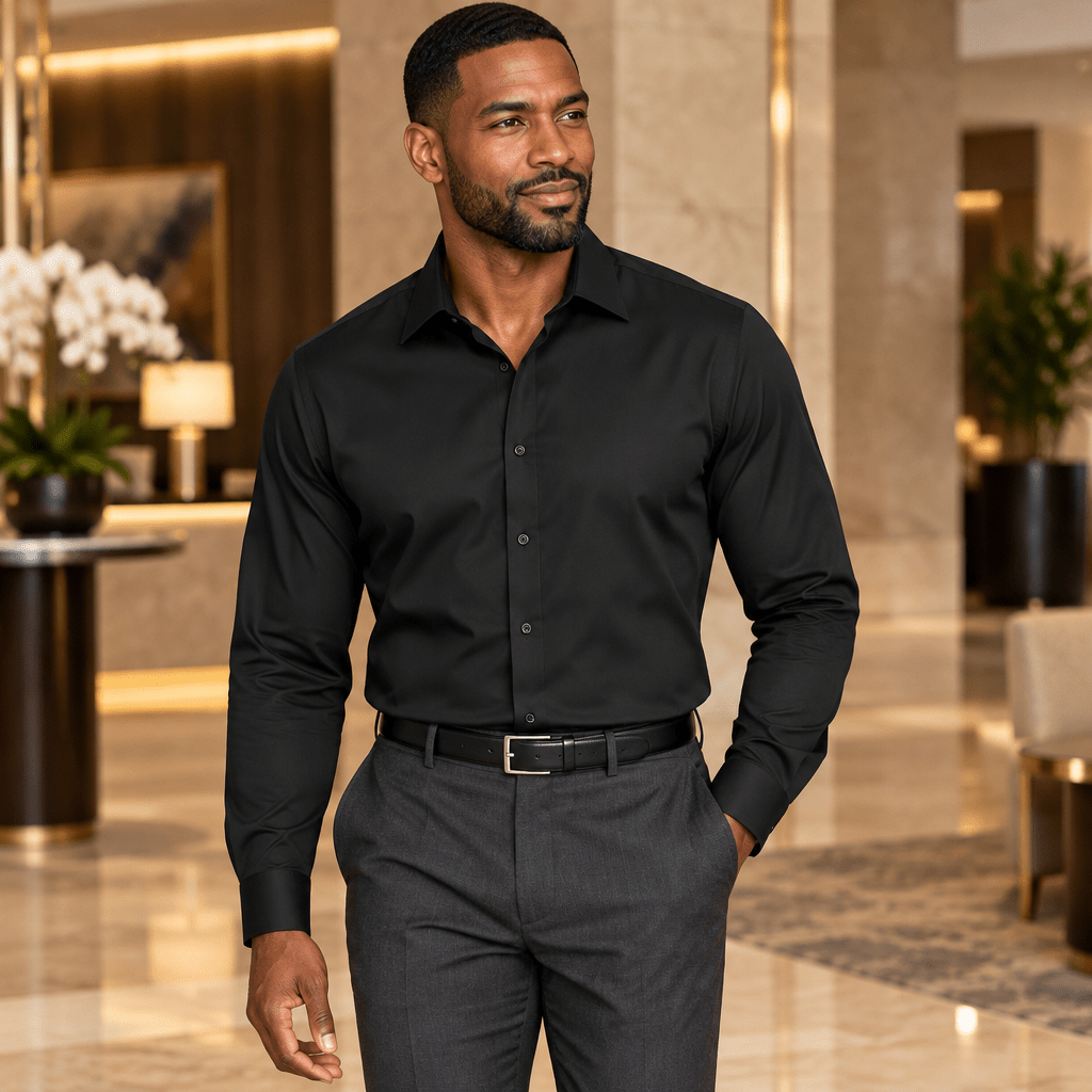 Men's Basic Dress Shirt with Convertible Cuff -Color Black - Upscale Men's Fashion