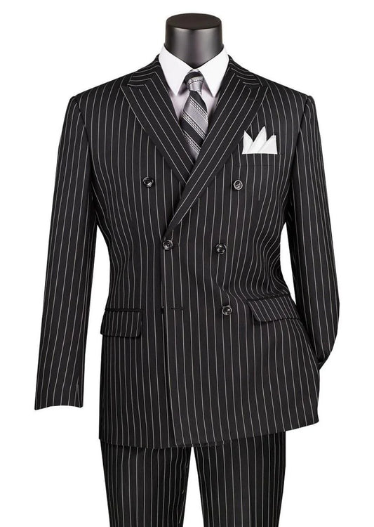 Black Pinstripe Regular Fit Double-Breasted Wool-Feel Poly Rayon Suit – Banker Collection – Upscale Men’s Fashion