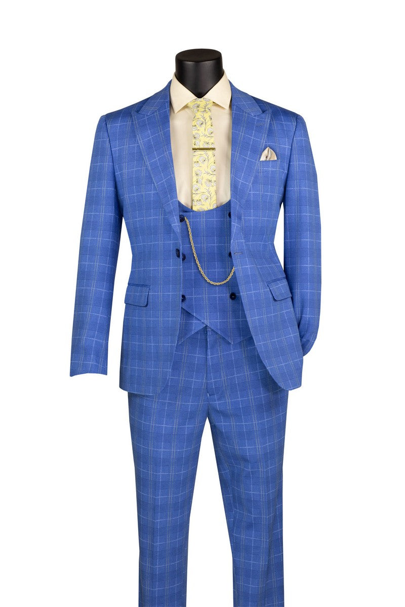 Blue Glen Plaid Slim Fit 3 Piece Suit for Men – Peak Lapel Stretch Suit – Savoy Collection