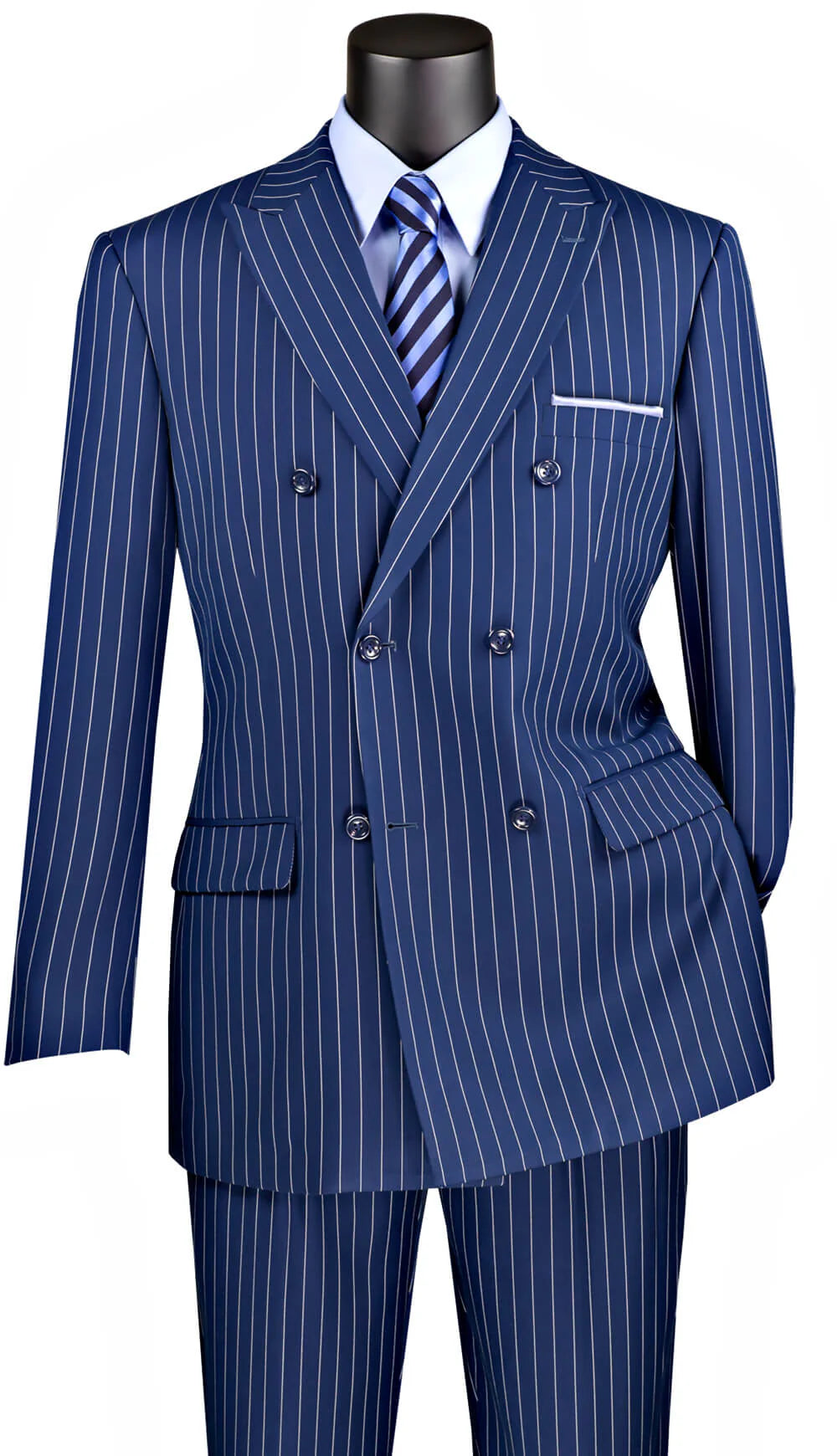 Blue Pinstripe Regular Fit Double-Breasted Wool-Feel Poly Rayon Suit – Banker Collection – Upscale Men’s Fashion