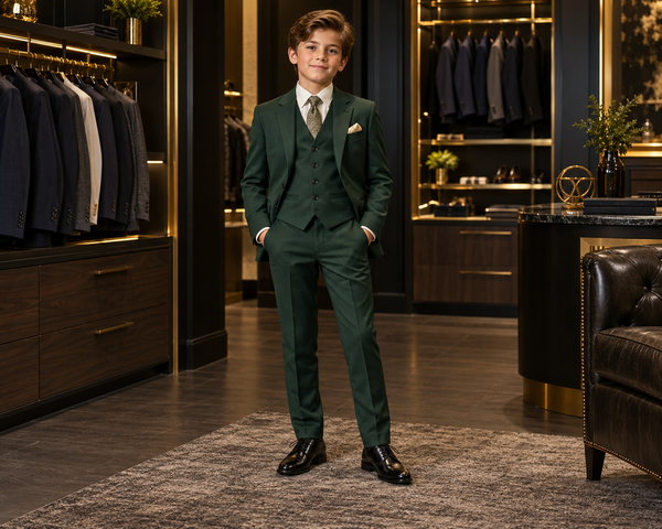 Boy wearing a forest green three-piece suit in an upscale menswear boutique