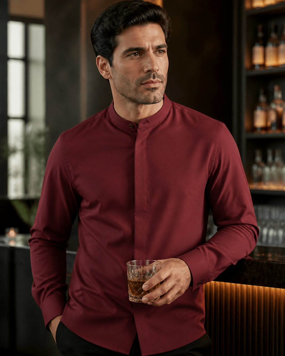 Banded Collar Dress Shirt, Burgundy - Upscale Men's Fashion