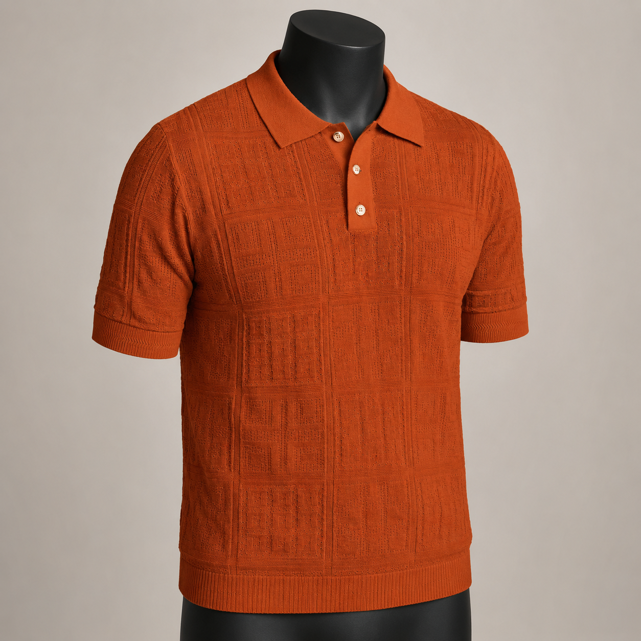 Burnt orange geometric knit polo collar and texture detail