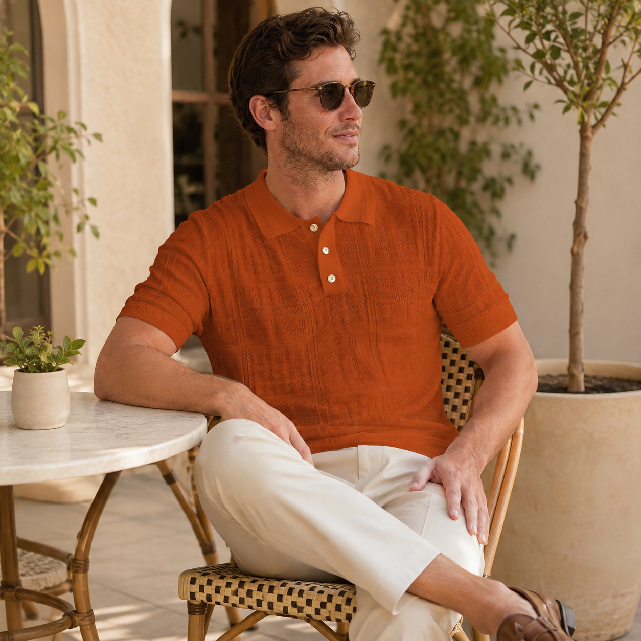 Men's burnt orange regular fit short sleeve knit polo lifestyle
