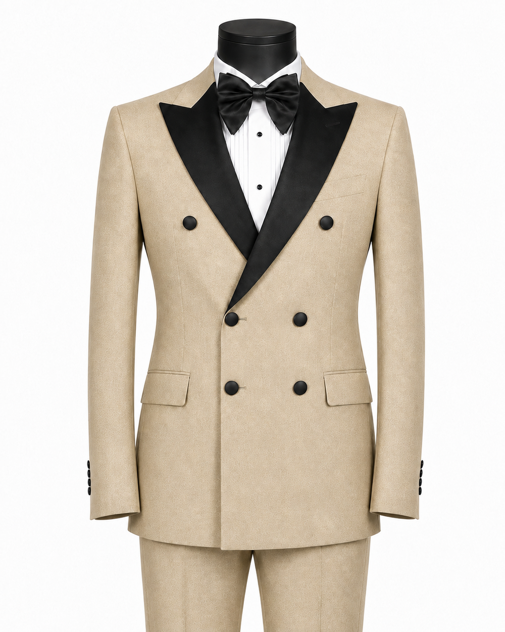 Men's Beige textured modern fit double-breasted tuxedo with black peak lapels and matching beige satin pant stripe – Castello Collection