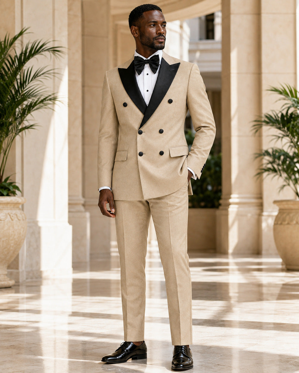 Man wearing Beige Castello double-breasted tuxedo in an elegant formal setting