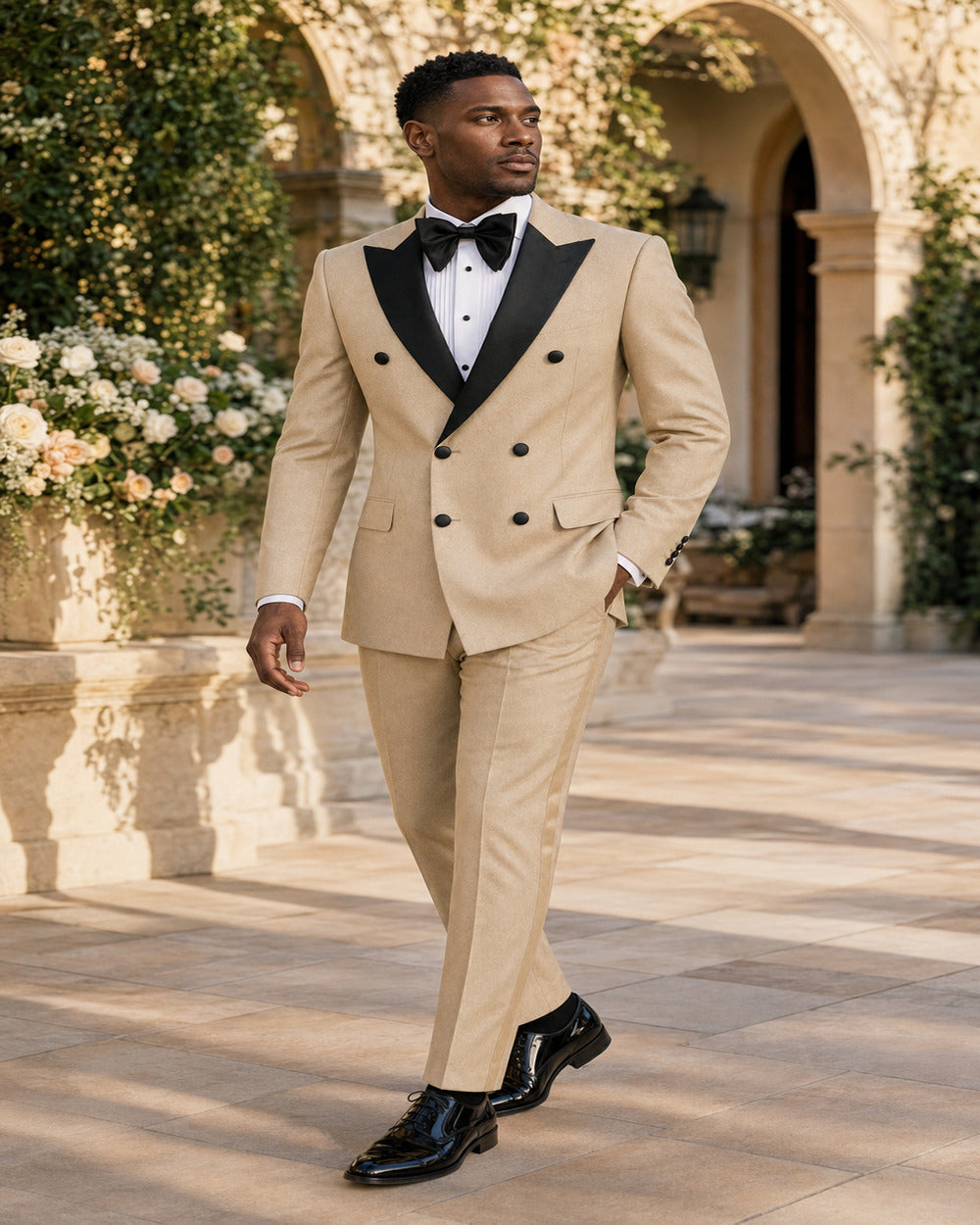 Full-body lifestyle view of Beige Castello modern-fit double-breasted tuxedo