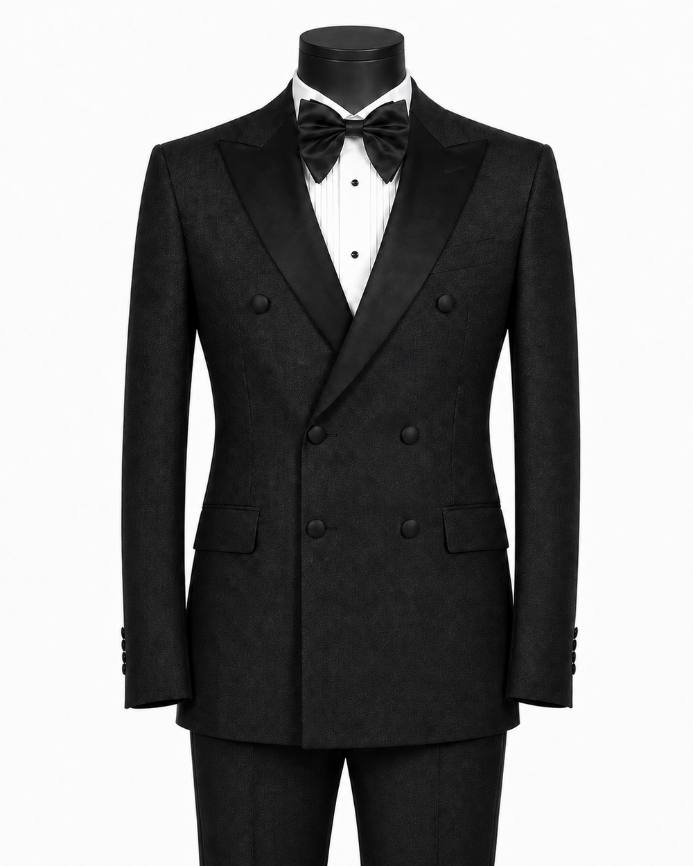 Men's Black textured modern fit double-breasted tuxedo with black peak lapels and matching black satin pant stripe – Castello Collection