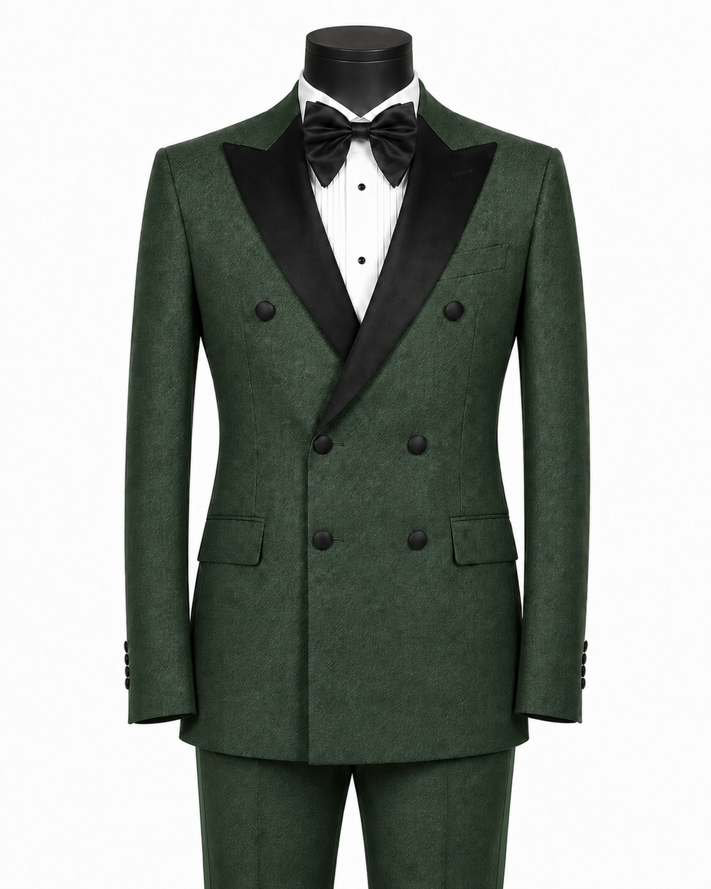 Men's Hunter Green textured modern fit double-breasted tuxedo with black peak lapels and matching hunter green satin pant stripe – Castello Collection