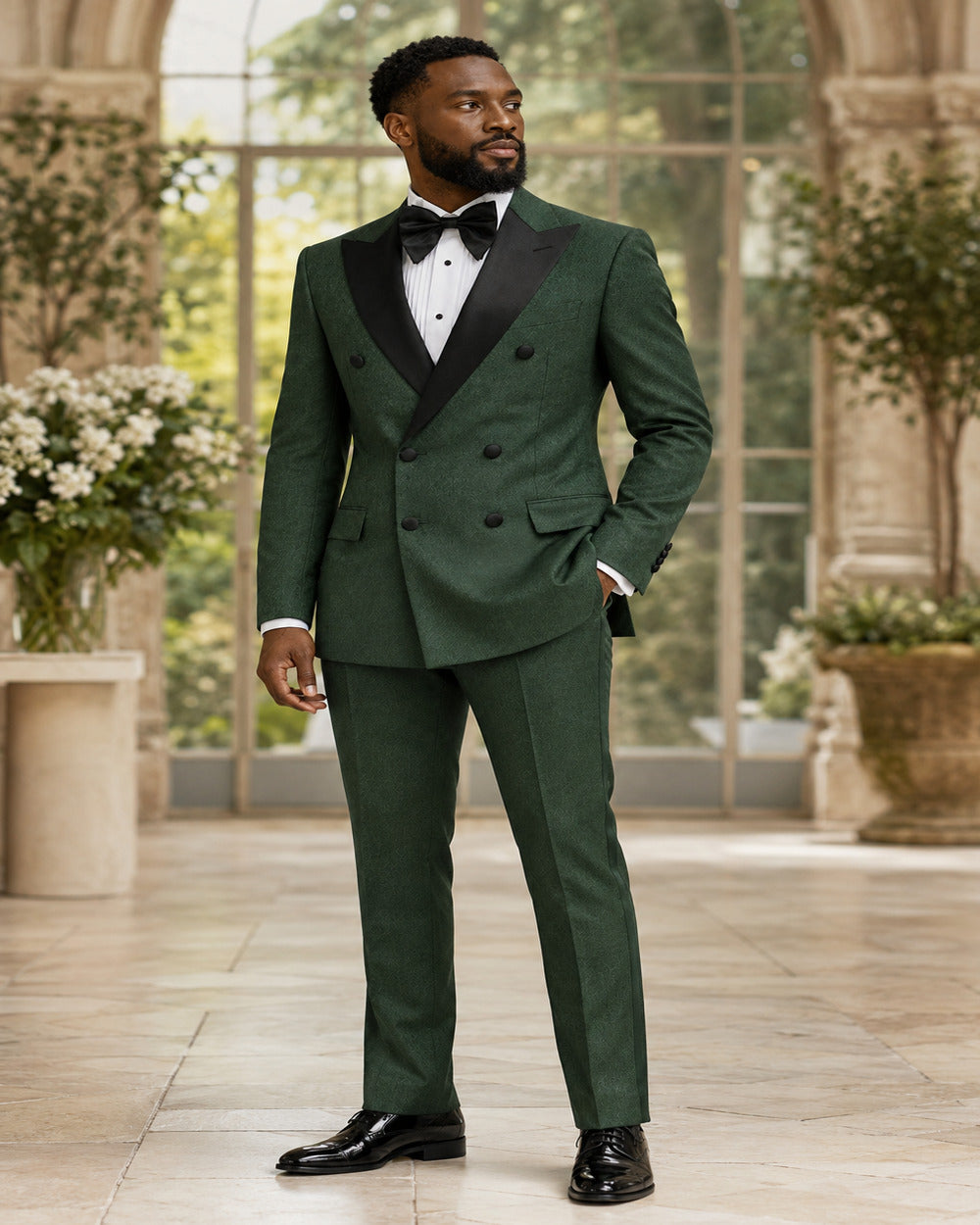 Man wearing Hunter Green Castello double-breasted tuxedo in an elegant formal setting