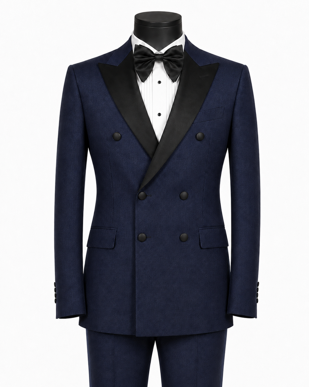 Men's Navy textured modern fit double-breasted tuxedo with black peak lapels and matching navy satin pant stripe – Castello Collection