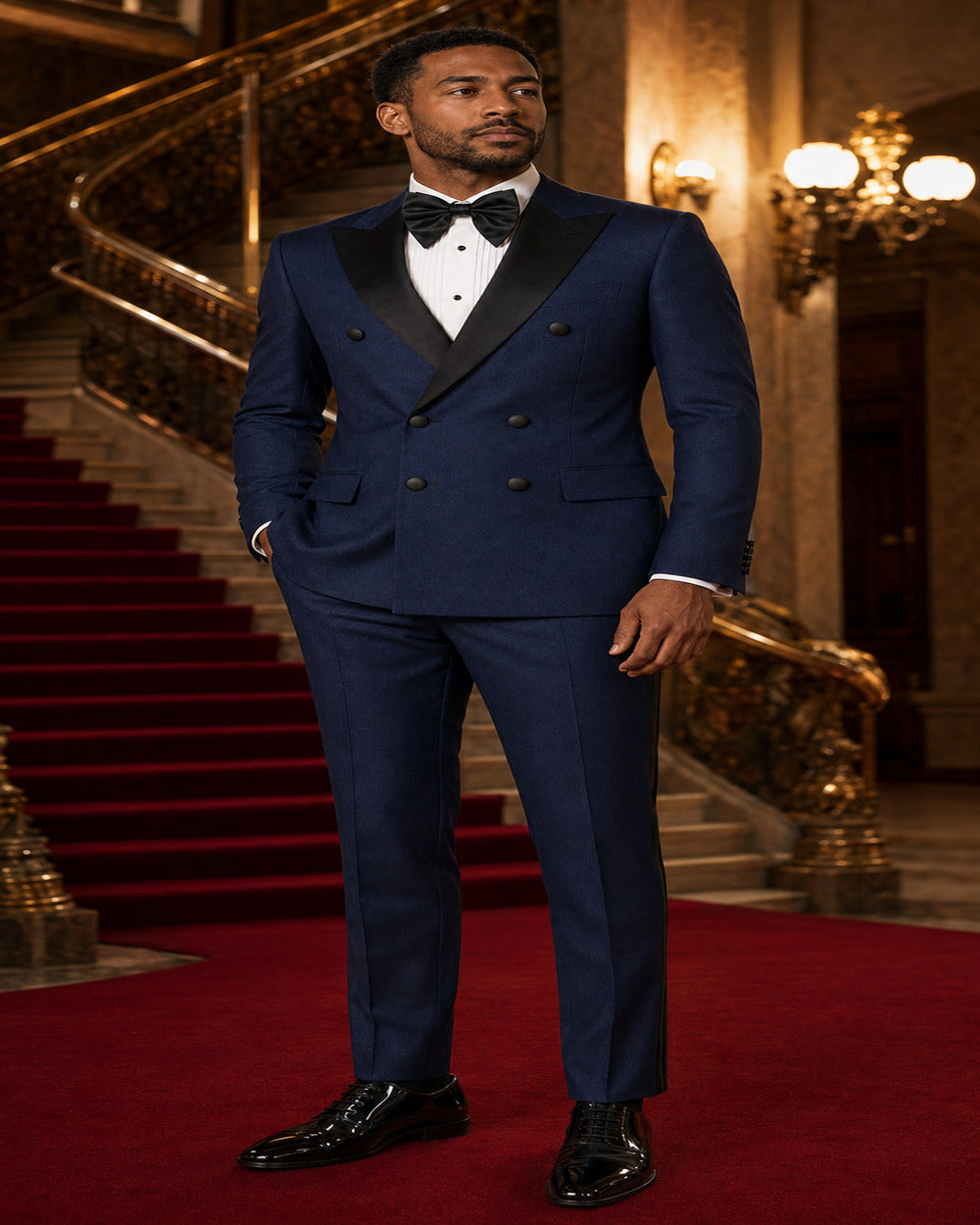 Man wearing Navy Castello double-breasted tuxedo in an elegant formal setting