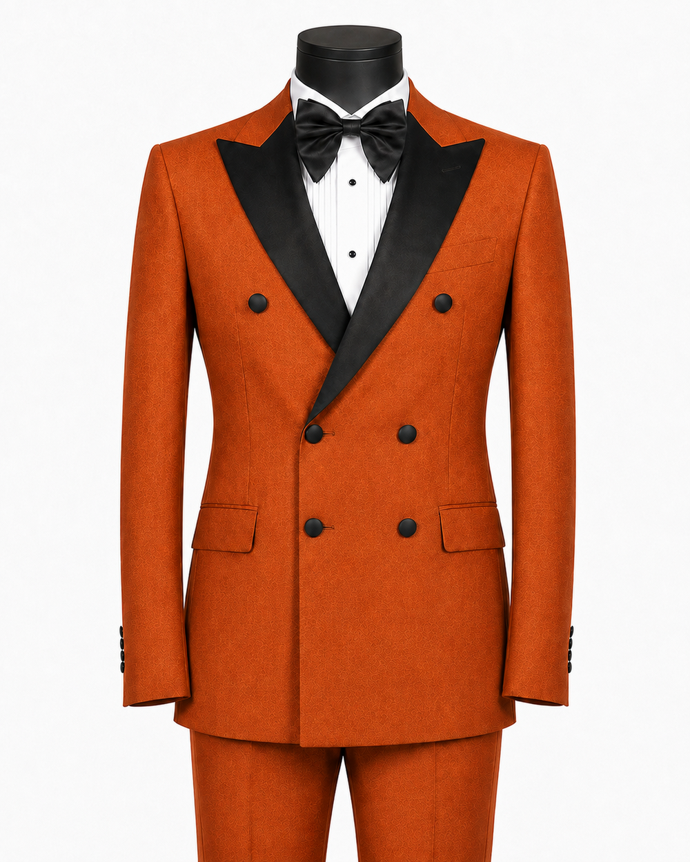 Men's Rust textured modern fit double-breasted tuxedo with black peak lapels and matching rust satin pant stripe – Castello Collection