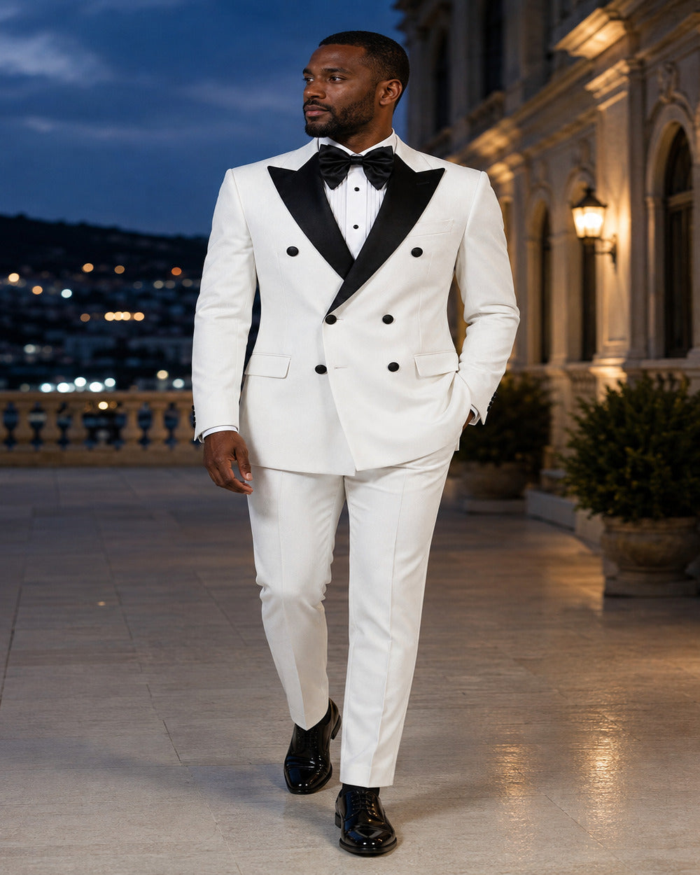 Full-body lifestyle view of White Castello modern-fit double-breasted tuxedo