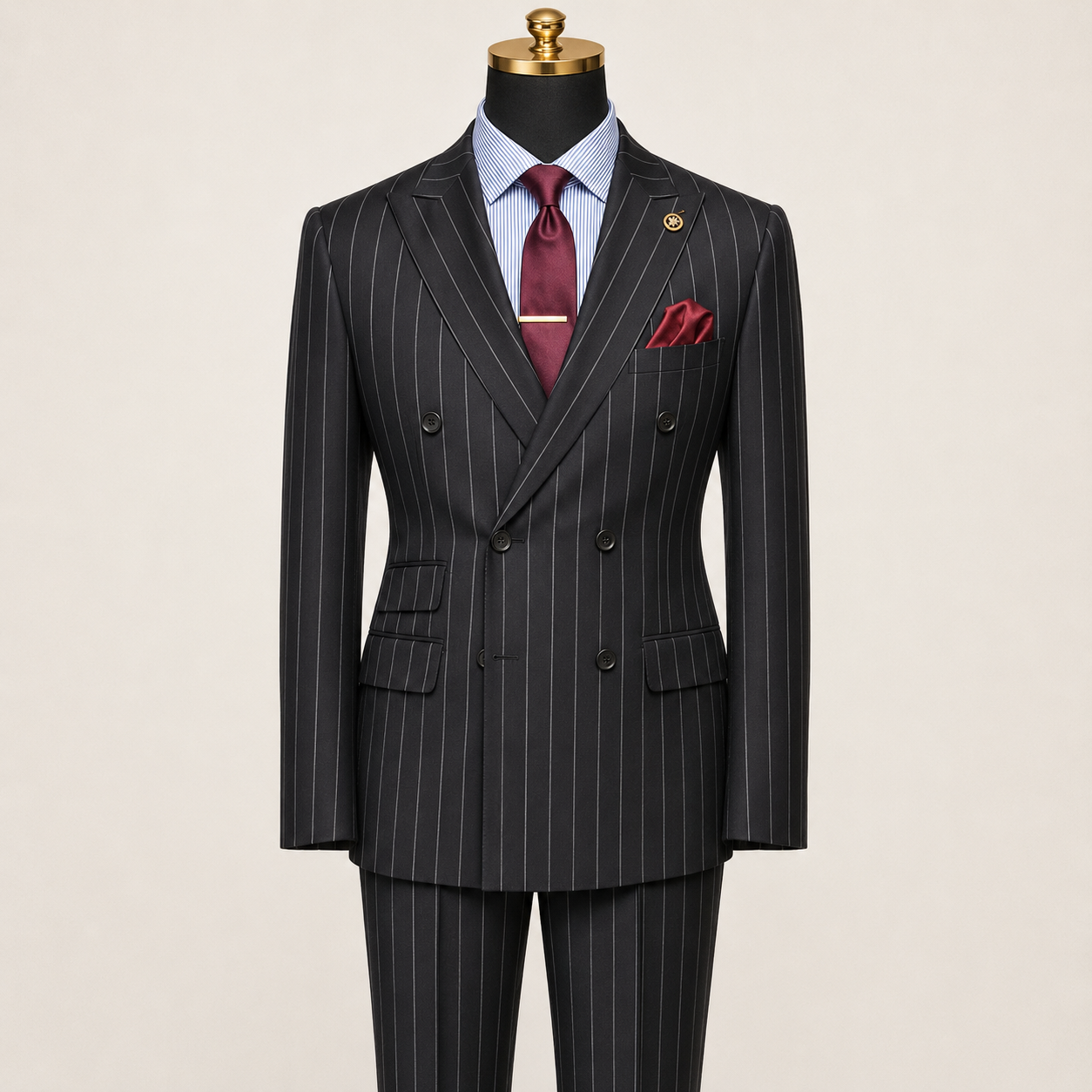 Men’s black pinstripe regular fit double-breasted suit on gold-top mannequin