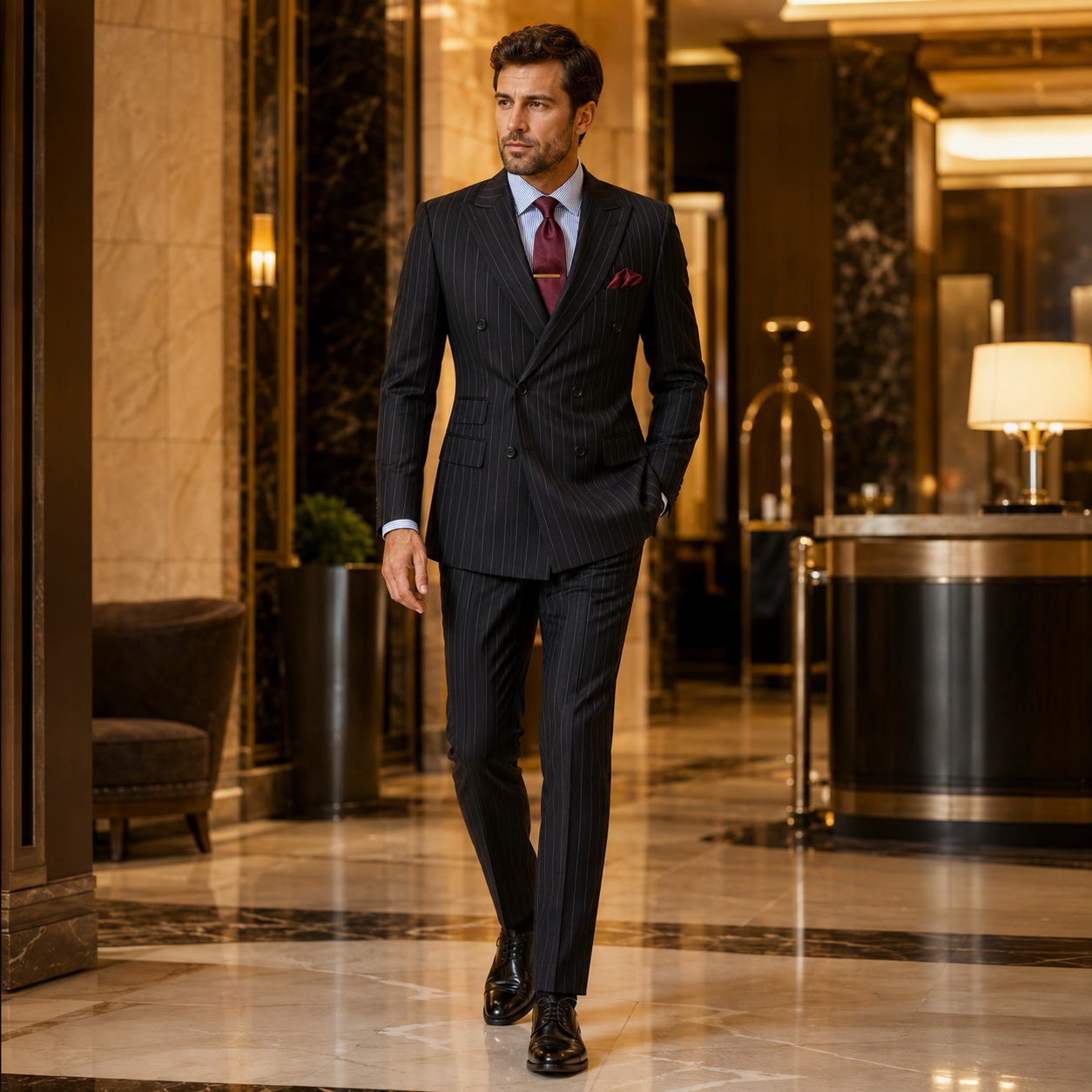 Men’s black pinstripe regular fit double-breasted suit business lifestyle