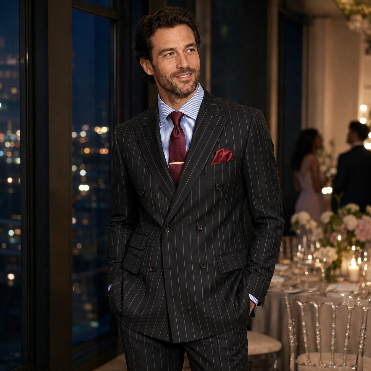 Men’s black pinstripe regular fit double-breasted suit wedding lifestyle