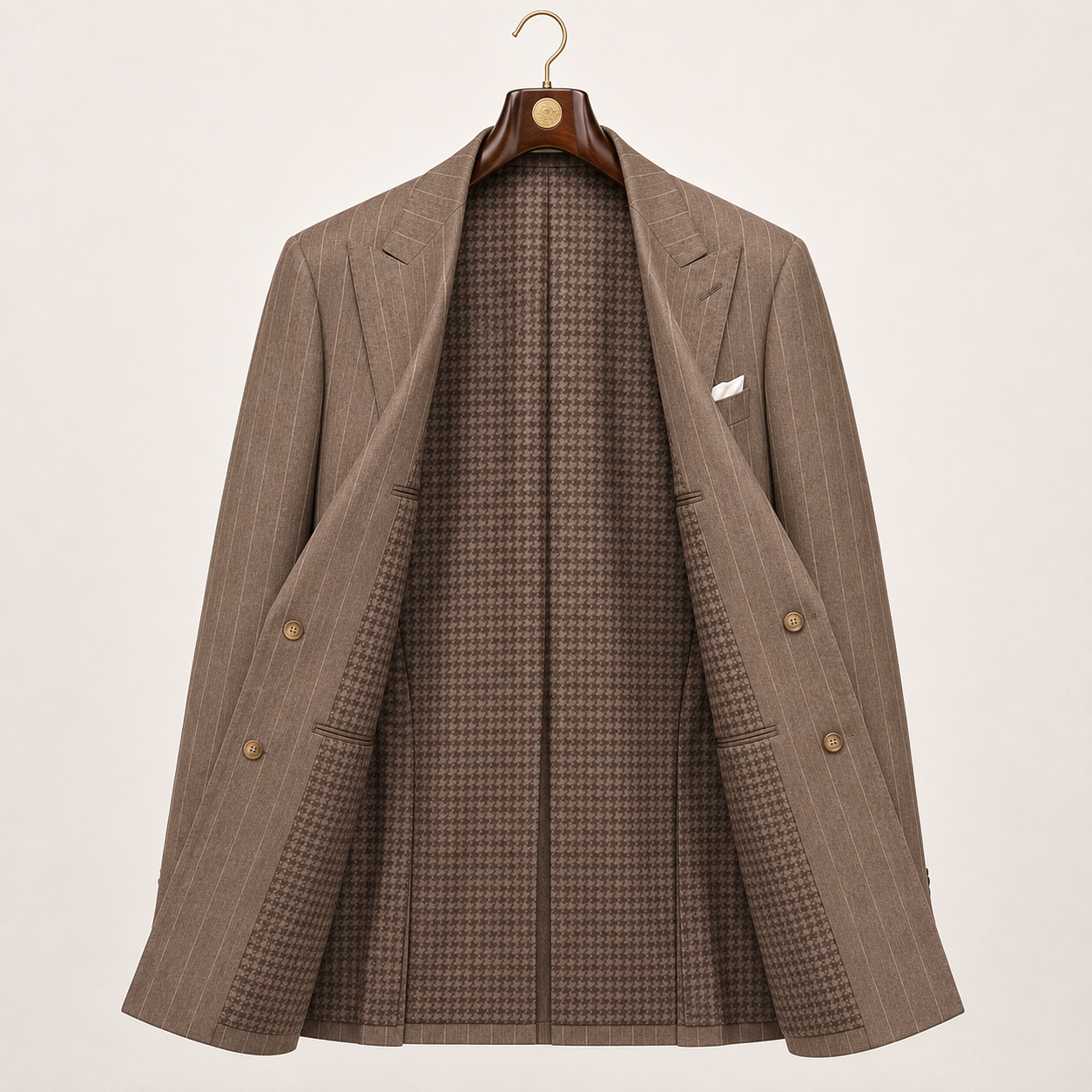 Brown Cavallo pinstripe double-breasted suit jacket fully open on luxury walnut and gold hanger showing interior lining