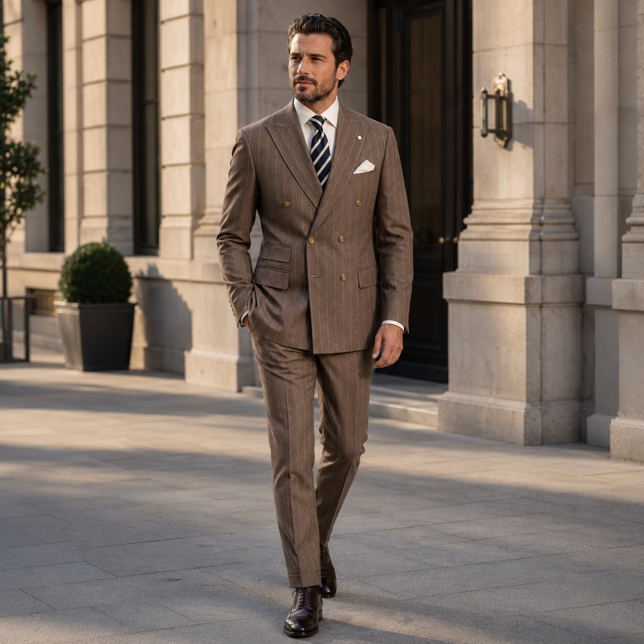 Men’s brown pinstripe regular fit double-breasted suit business lifestyle