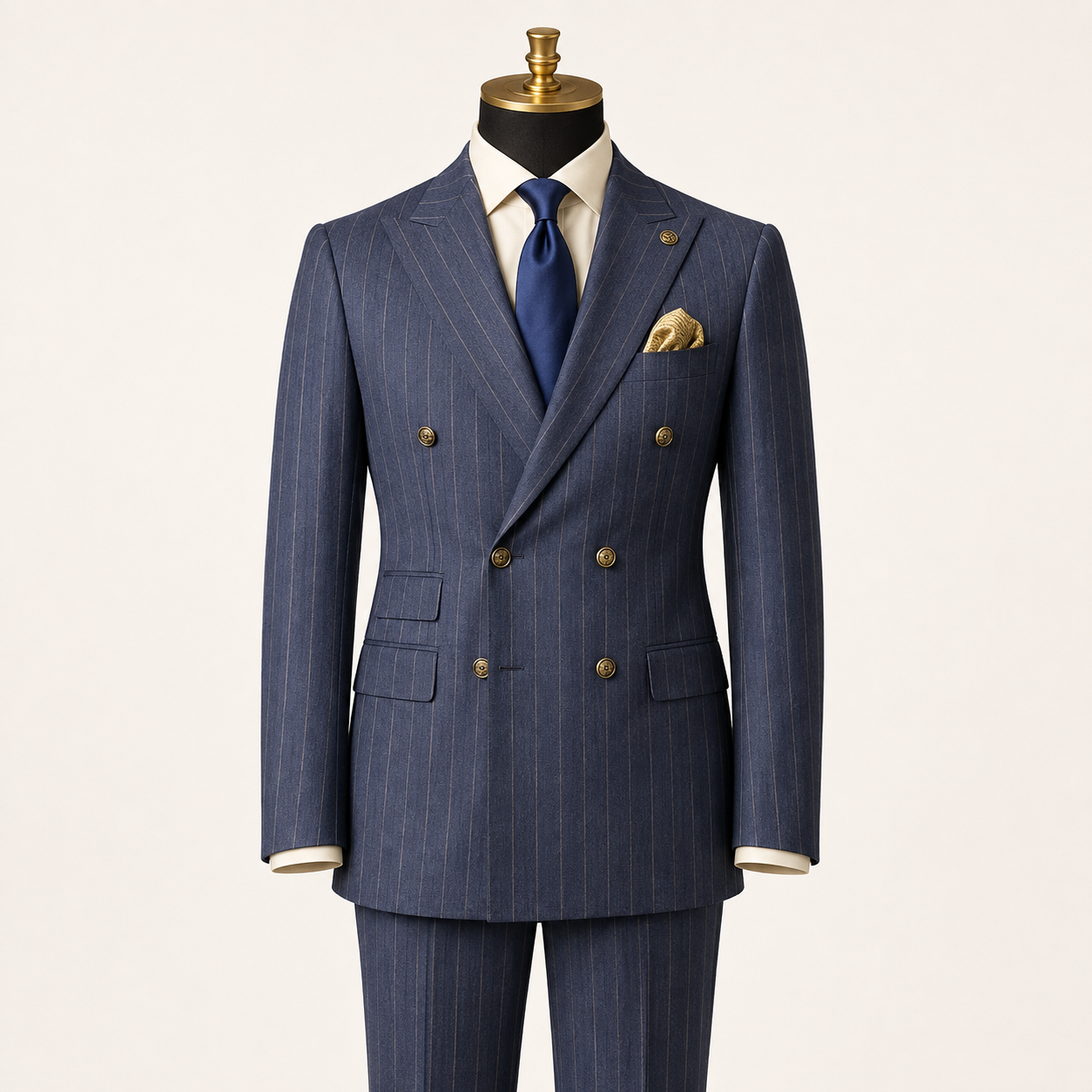 Men’s denim blue pinstripe regular fit double-breasted suit on gold-top mannequin