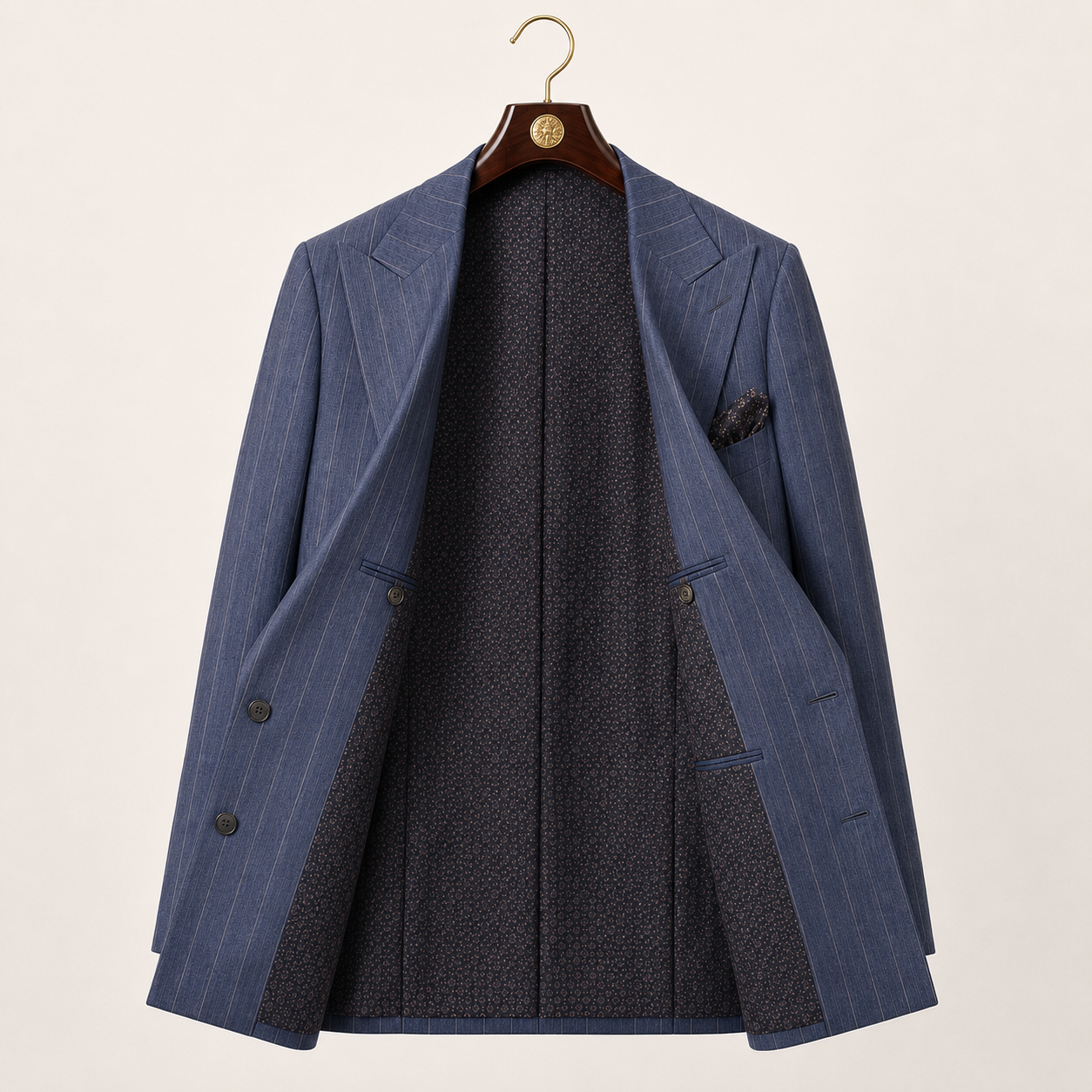 Denim blue Cavallo pinstripe double-breasted suit jacket fully open on luxury walnut and gold hanger showing interior lining