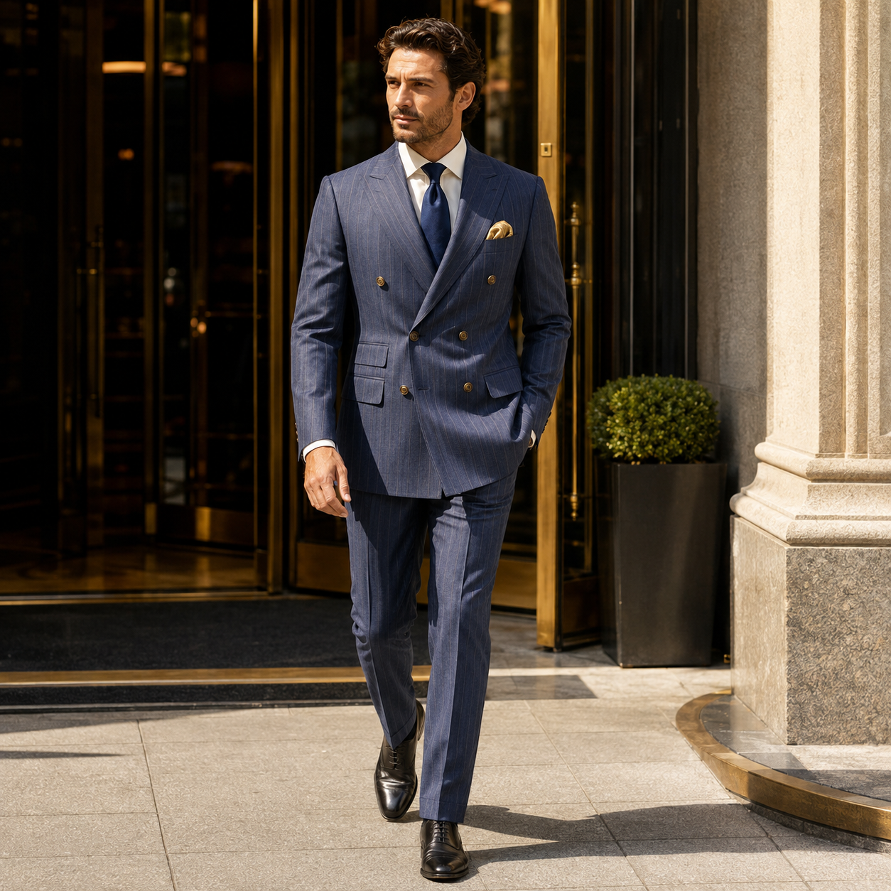 Men’s denim blue pinstripe regular fit double-breasted suit business lifestyle