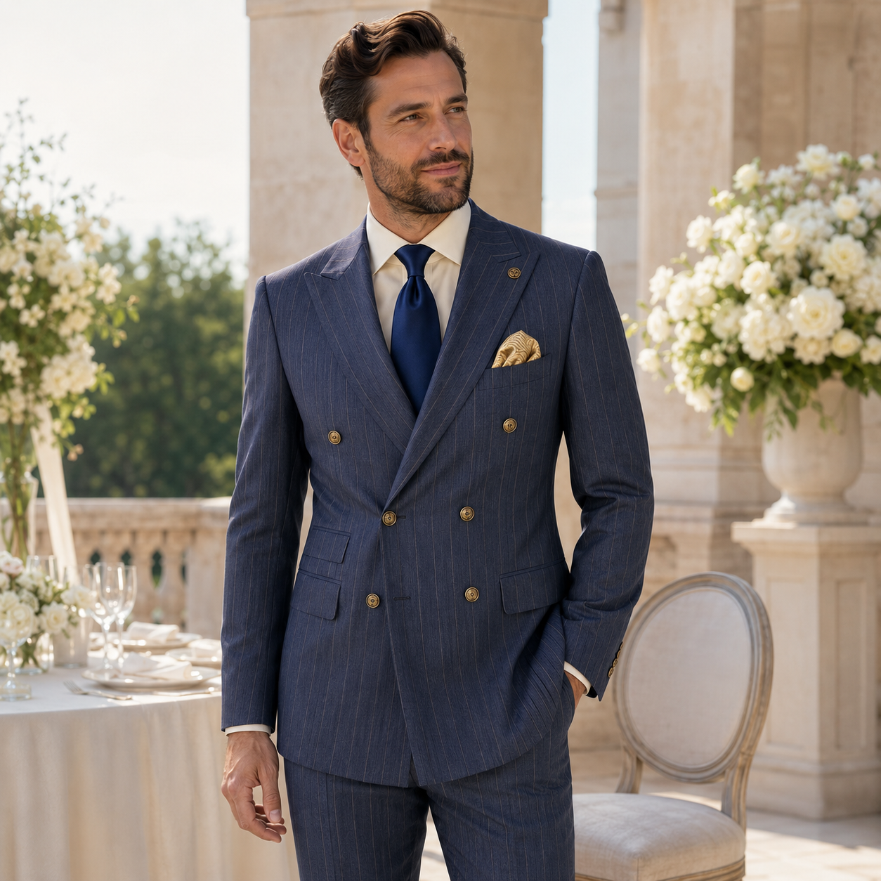 Men’s denim blue pinstripe regular fit double-breasted suit wedding lifestyle